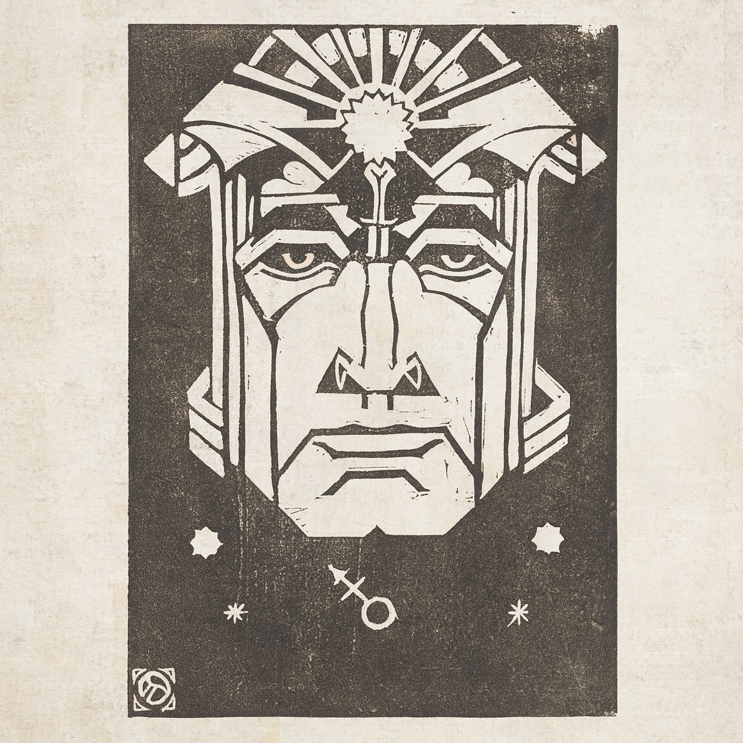 The "Mars - Planet Masks by Henri van der Stok" features an abstract illustration of a face with angular features and heavy lines, giving it a mechanical or robotic appearance set against a dark background. The design includes celestial symbols like stars, with a Mars planetary glyph near the bottom edge.