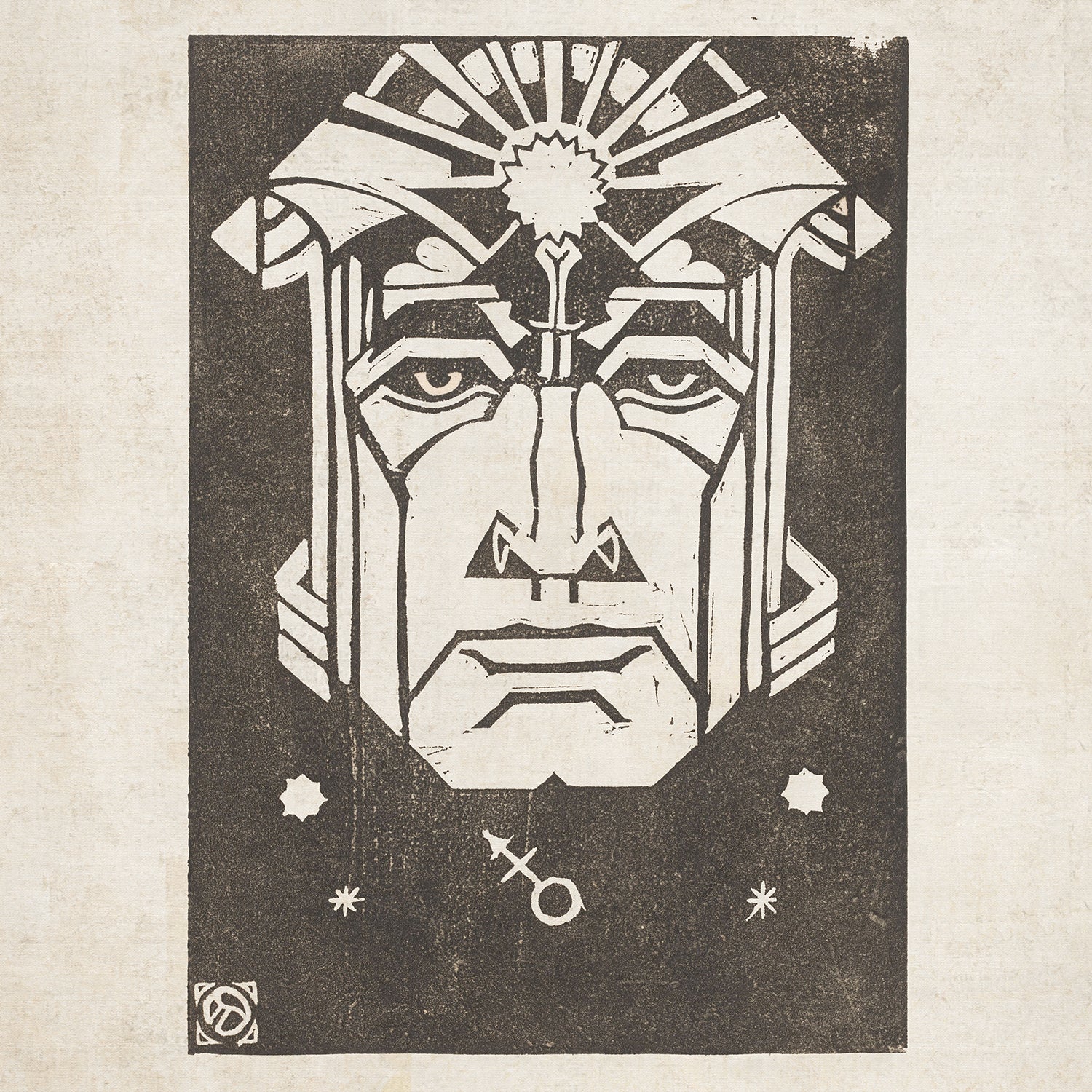 The "Mars - Planet Masks by Henri van der Stok" features an abstract illustration of a face with angular features and heavy lines, giving it a mechanical or robotic appearance set against a dark background. The design includes celestial symbols like stars, with a Mars planetary glyph near the bottom edge.