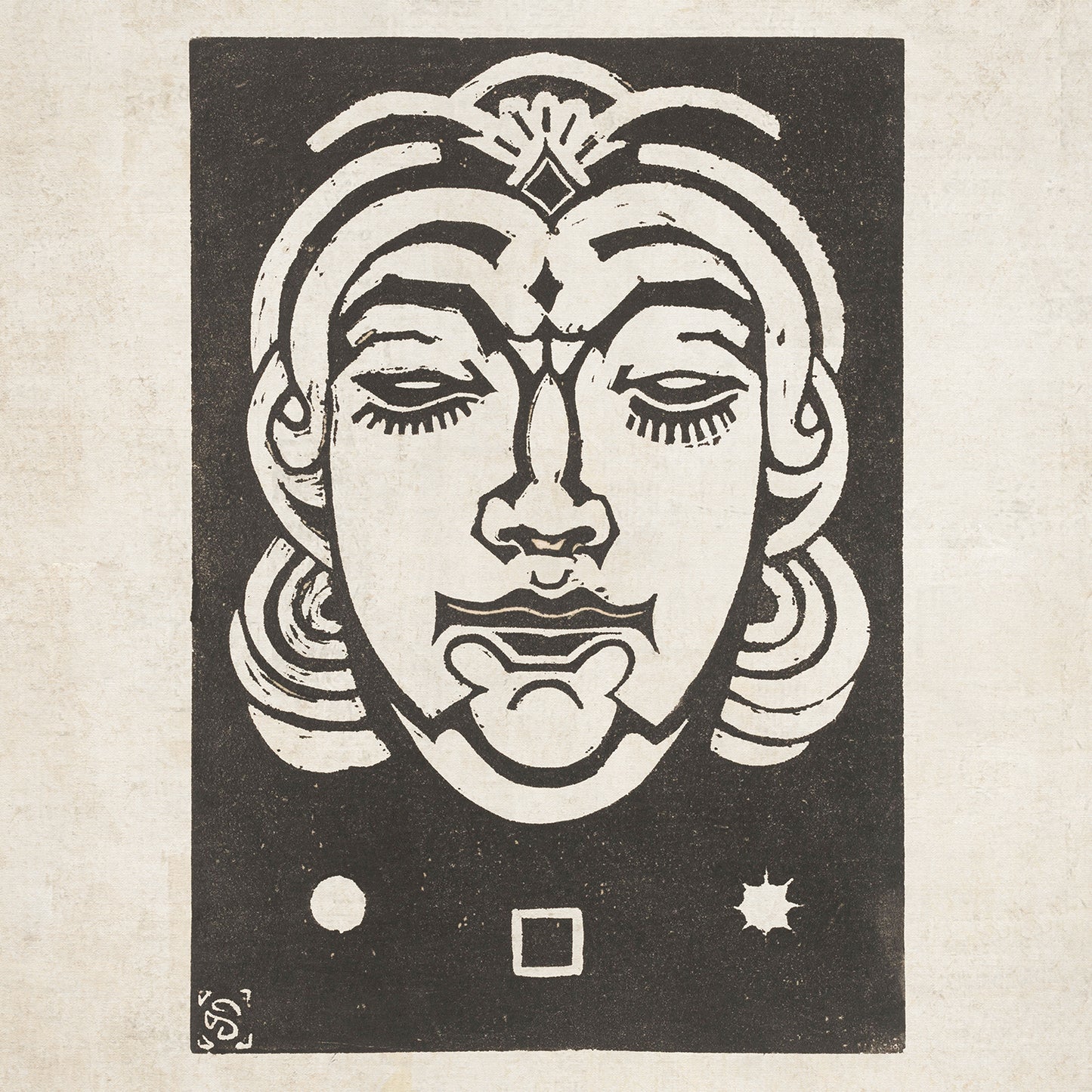 The monochrome woodcut print titled "Earth - Planet Masks" by Henri van der Stok features a stylized human face with exaggerated, bold features. Beneath the face are three symbols: a circle, a square, and a star. The background is solid black, creating a striking contrast with the white lines and shapes—a captivating piece of Zodiac-themed wall art.