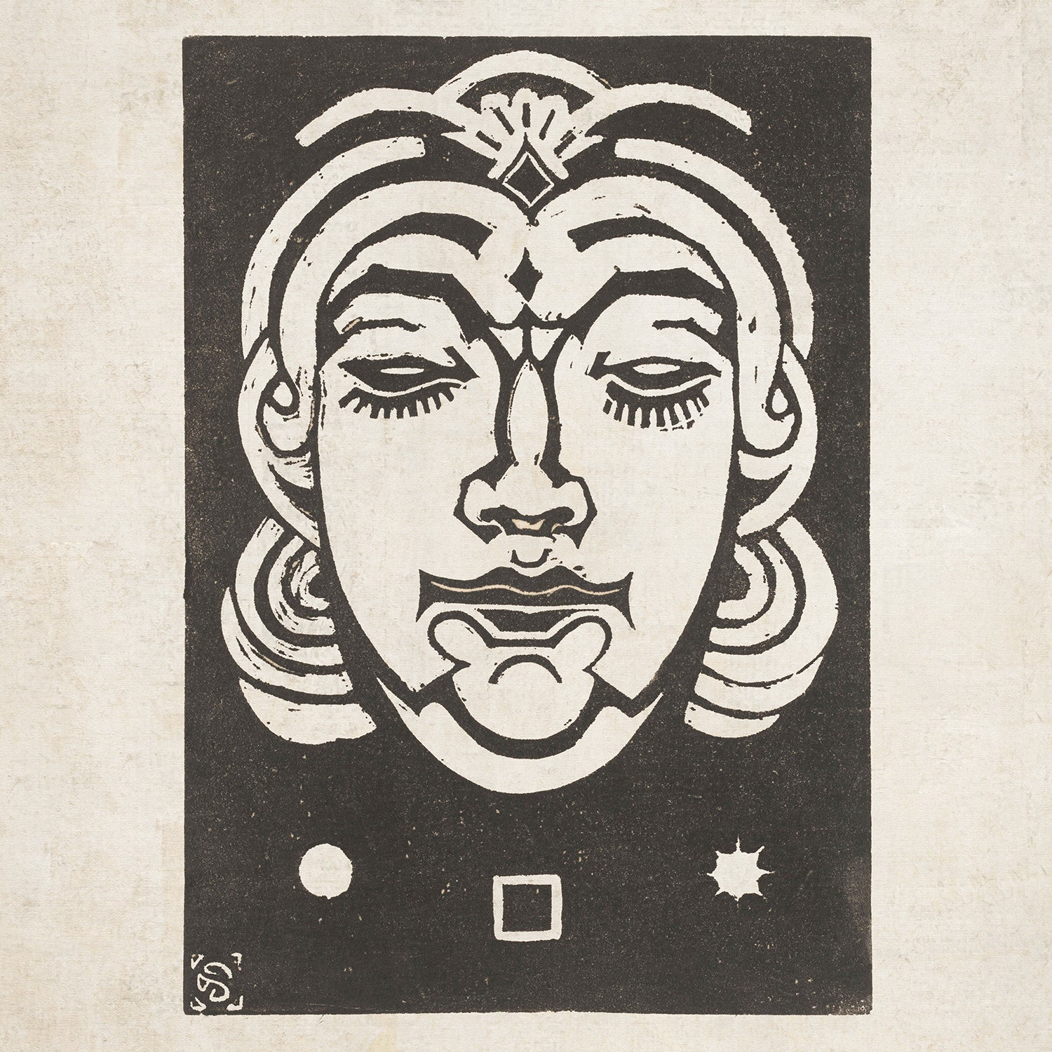 The monochrome woodcut print titled "Earth - Planet Masks" by Henri van der Stok features a stylized human face with exaggerated, bold features. Beneath the face are three symbols: a circle, a square, and a star. The background is solid black, creating a striking contrast with the white lines and shapes—a captivating piece of Zodiac-themed wall art.