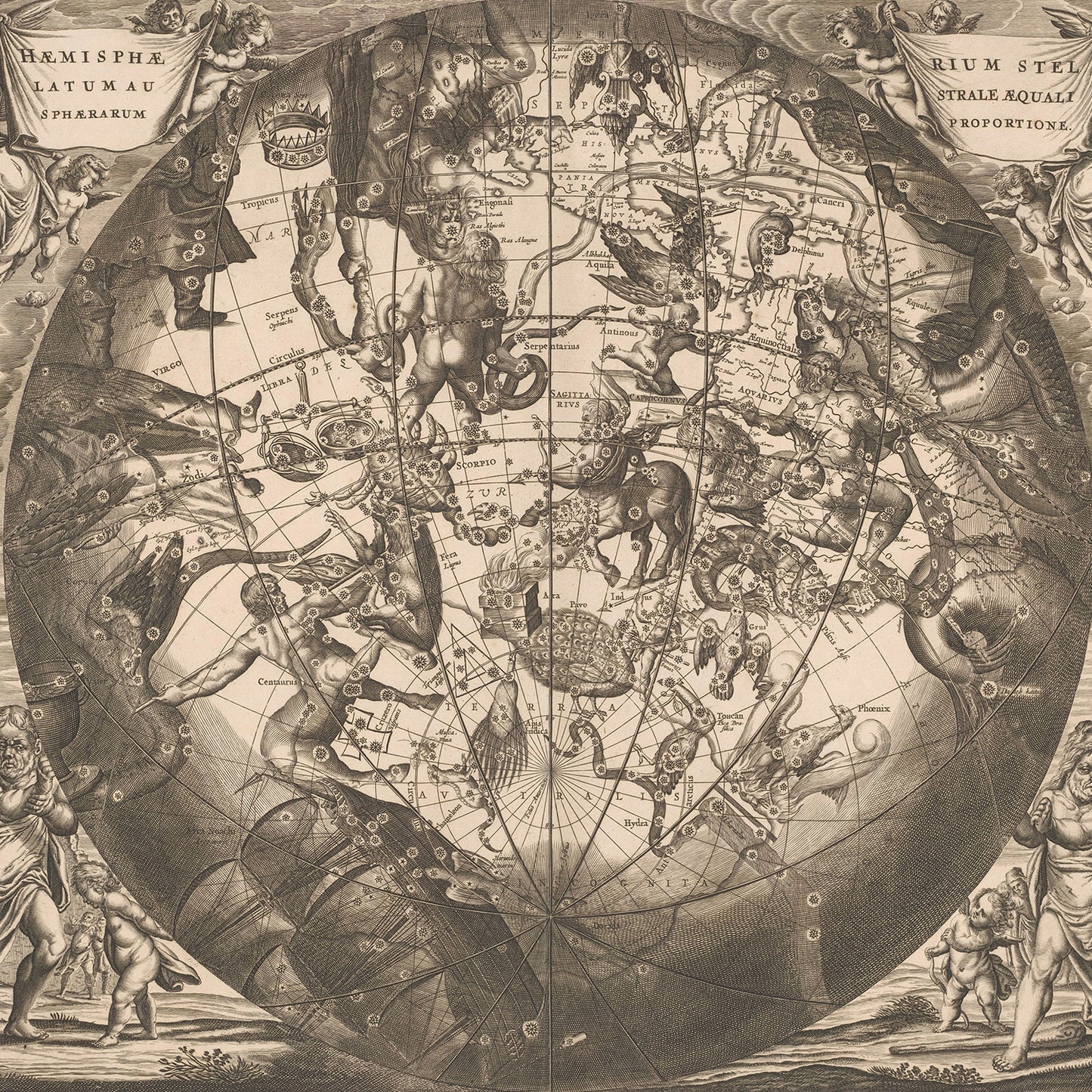 The Harmonia Macrocosmica Seu Atlas Universalis Et Novus by Andreas Cellarius is an antique celestial map showcasing constellations, adorned with intricately detailed mythological figures and creatures. Decorative elements and scrollwork frame this exquisite piece of astrology wall art. Featuring the Northern and Southern Hemispheres, various constellations, zodiac signs, and figures are labeled.