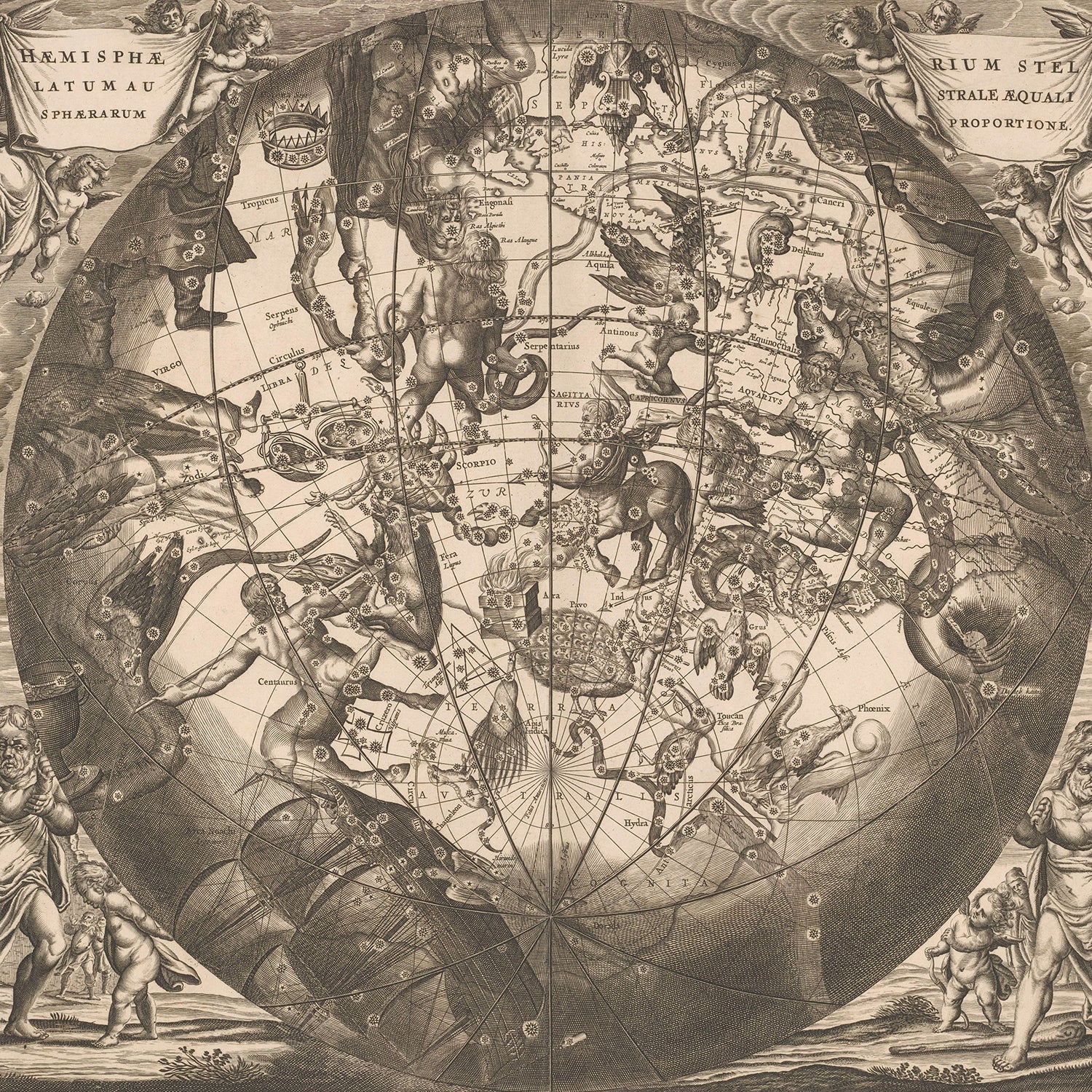 The Harmonia Macrocosmica Seu Atlas Universalis Et Novus by Andreas Cellarius is an antique celestial map showcasing constellations, adorned with intricately detailed mythological figures and creatures. Decorative elements and scrollwork frame this exquisite piece of astrology wall art. Featuring the Northern and Southern Hemispheres, various constellations, zodiac signs, and figures are labeled.