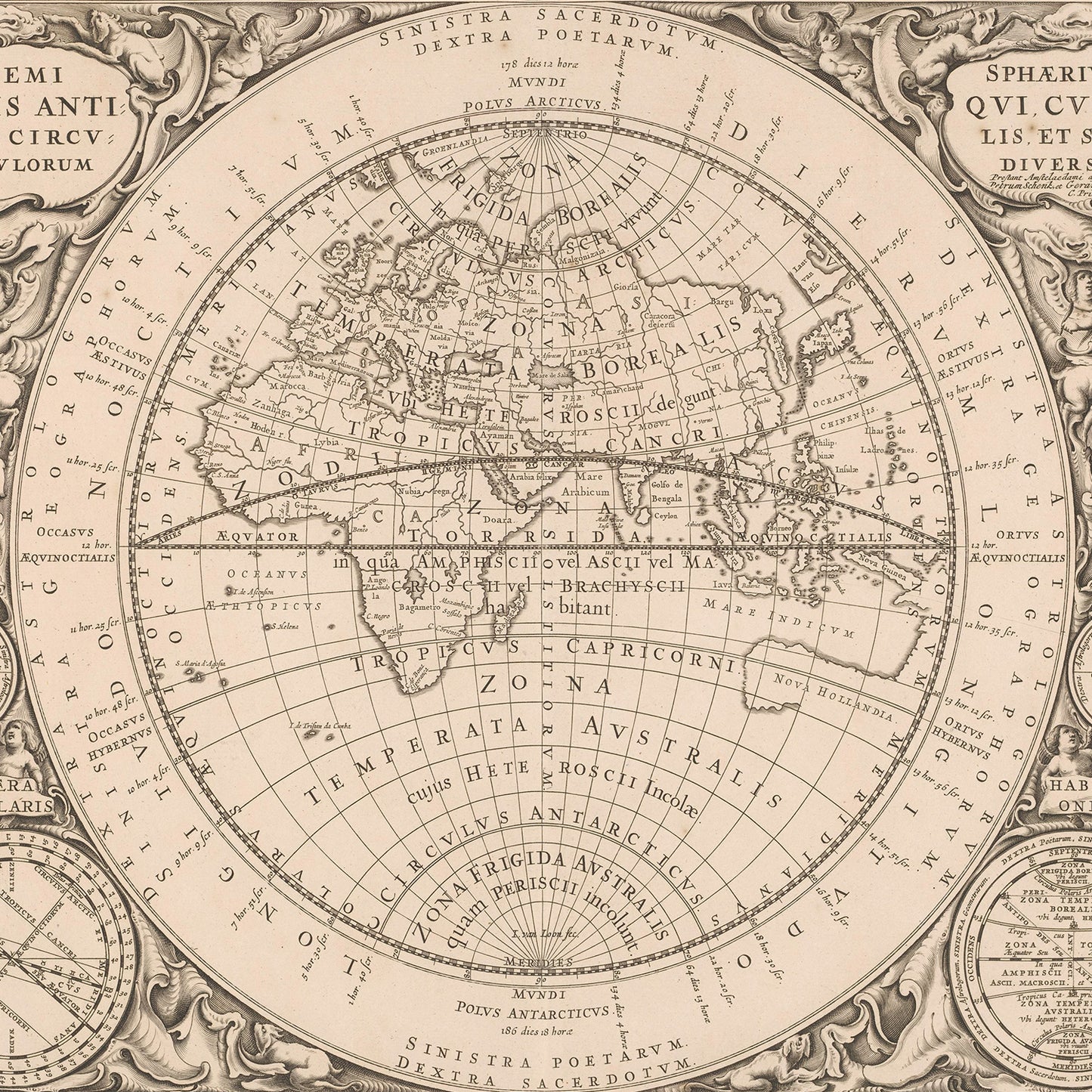 The "Map of the Eastern Hemisphere" is a vintage, intricately detailed world map featuring the continents and oceans as understood in olden times. Adorned with ornate decorative patterns and Latin text, this map emphasizes Europe, Asia, and parts of Africa. Additionally, it doubles as exceptional astrology wall art with subtle zodiac elements.