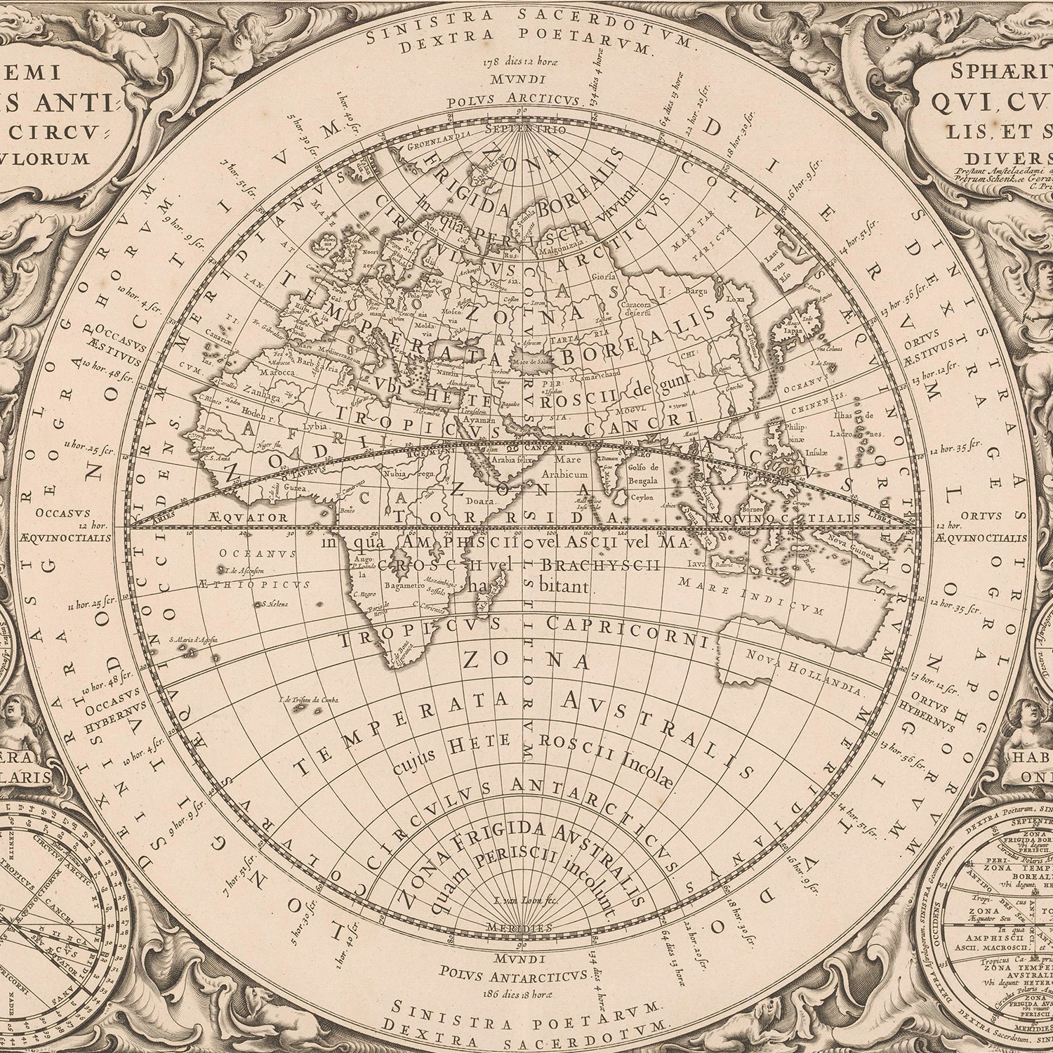 The "Map of the Eastern Hemisphere" is a vintage, intricately detailed world map featuring the continents and oceans as understood in olden times. Adorned with ornate decorative patterns and Latin text, this map emphasizes Europe, Asia, and parts of Africa. Additionally, it doubles as exceptional astrology wall art with subtle zodiac elements.