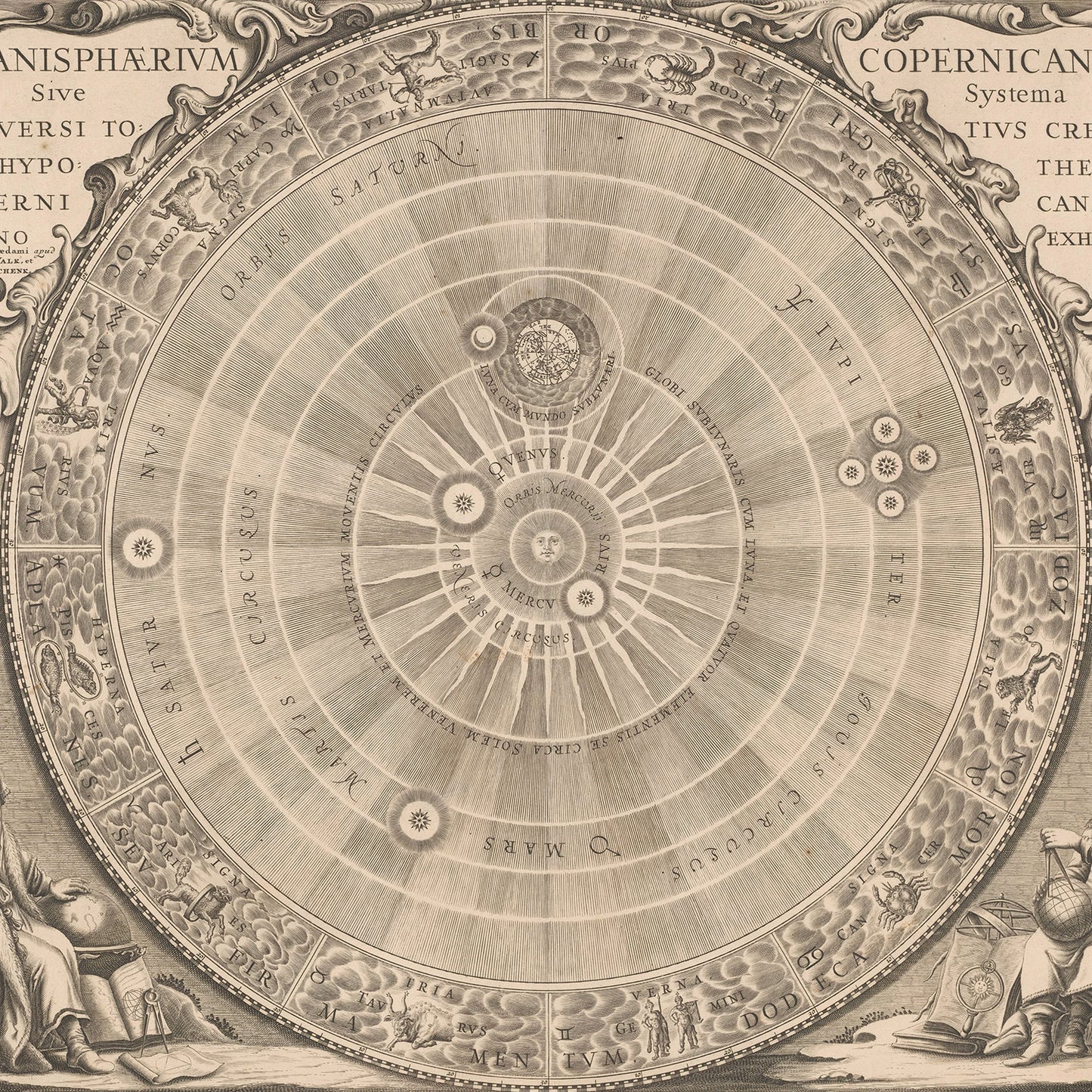 The "Copernican Universe - 1660 by Nicolaus Copernicus" is a detailed vintage astronomical illustration that depicts a Copernican Universe. The sun is centrally located, with concentric circles representing the orbits of planets, labeled with Latin inscriptions. Decorative artistic elements frame the edges, blending past discoveries with modern astronomy.