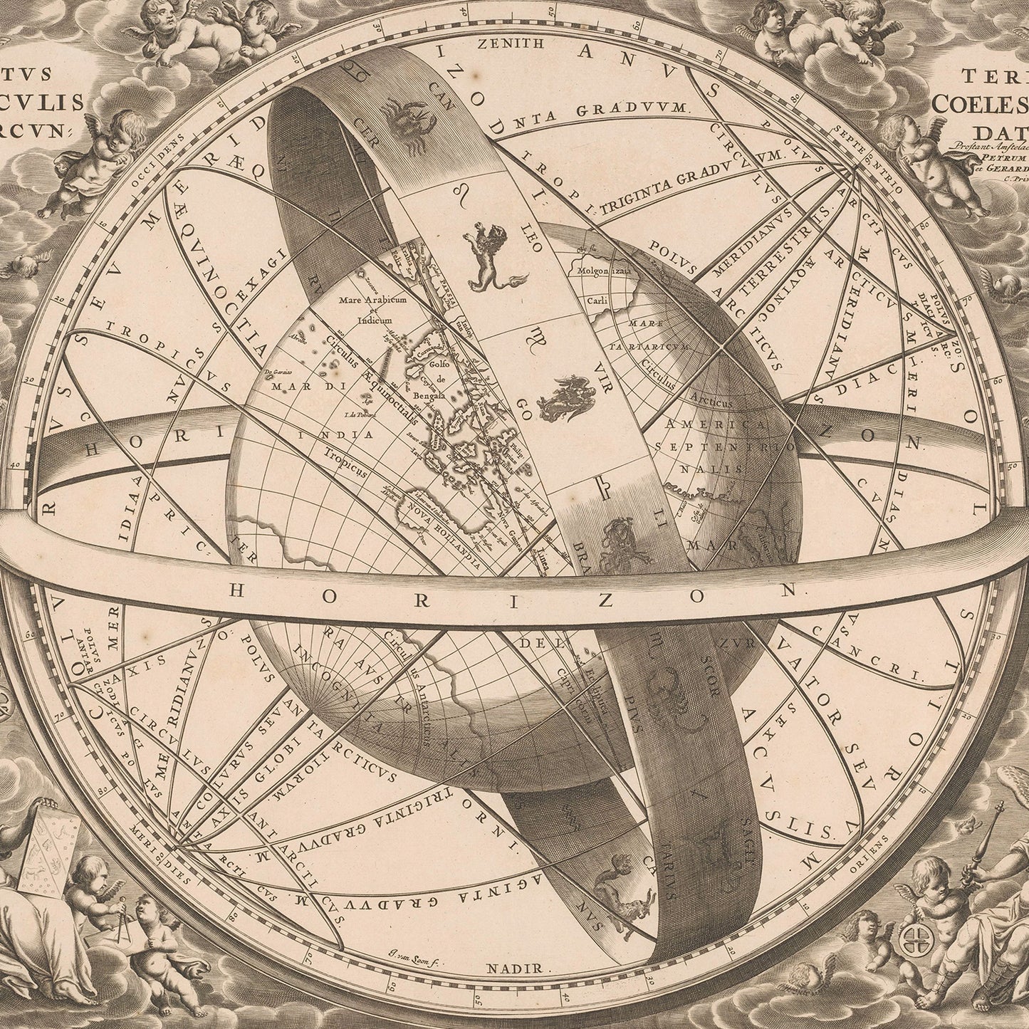 An intricate antique celestial map titled "Location of The Earth Encircled by The Celestial Circles" by Andreas Cellarius features Earth at its center, surrounded by detailed astrological and astronomical notations, including zodiac signs and celestial coordinates. This astrology wall art's ornate design is embellished with angelic figures and decorative elements.