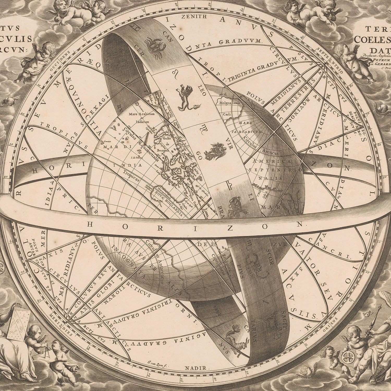 An intricate antique celestial map titled "Location of The Earth Encircled by The Celestial Circles" by Andreas Cellarius features Earth at its center, surrounded by detailed astrological and astronomical notations, including zodiac signs and celestial coordinates. This astrology wall art's ornate design is embellished with angelic figures and decorative elements.