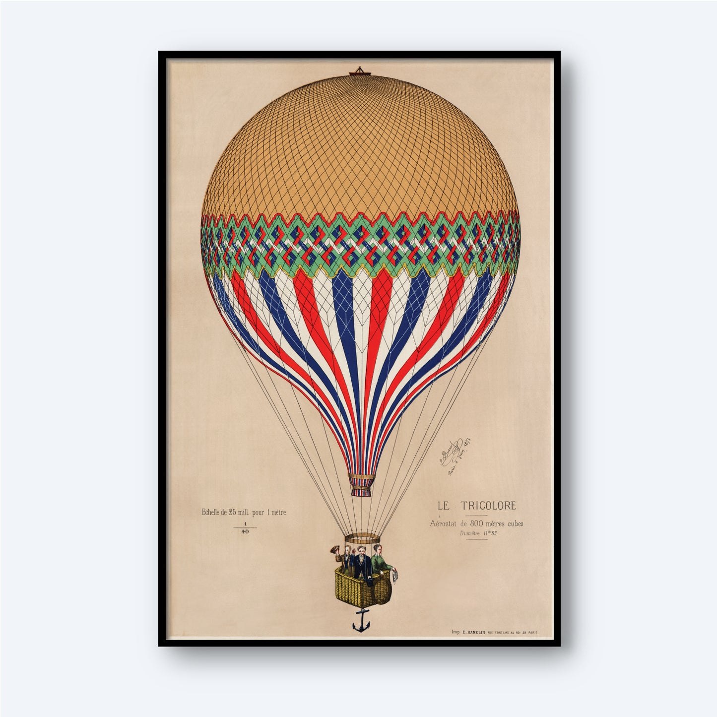 The artwork, "Le Tricolore by Henri de E. Hamelin," illustrates a hot air balloon named "Le Tricolore" that embodies French national pride with its red, blue, and white striped design. Against a cream background, two figures occupy the basket. The piece is framed with a black border, capturing the essence of Henri de E. Hamelin's style perfectly.