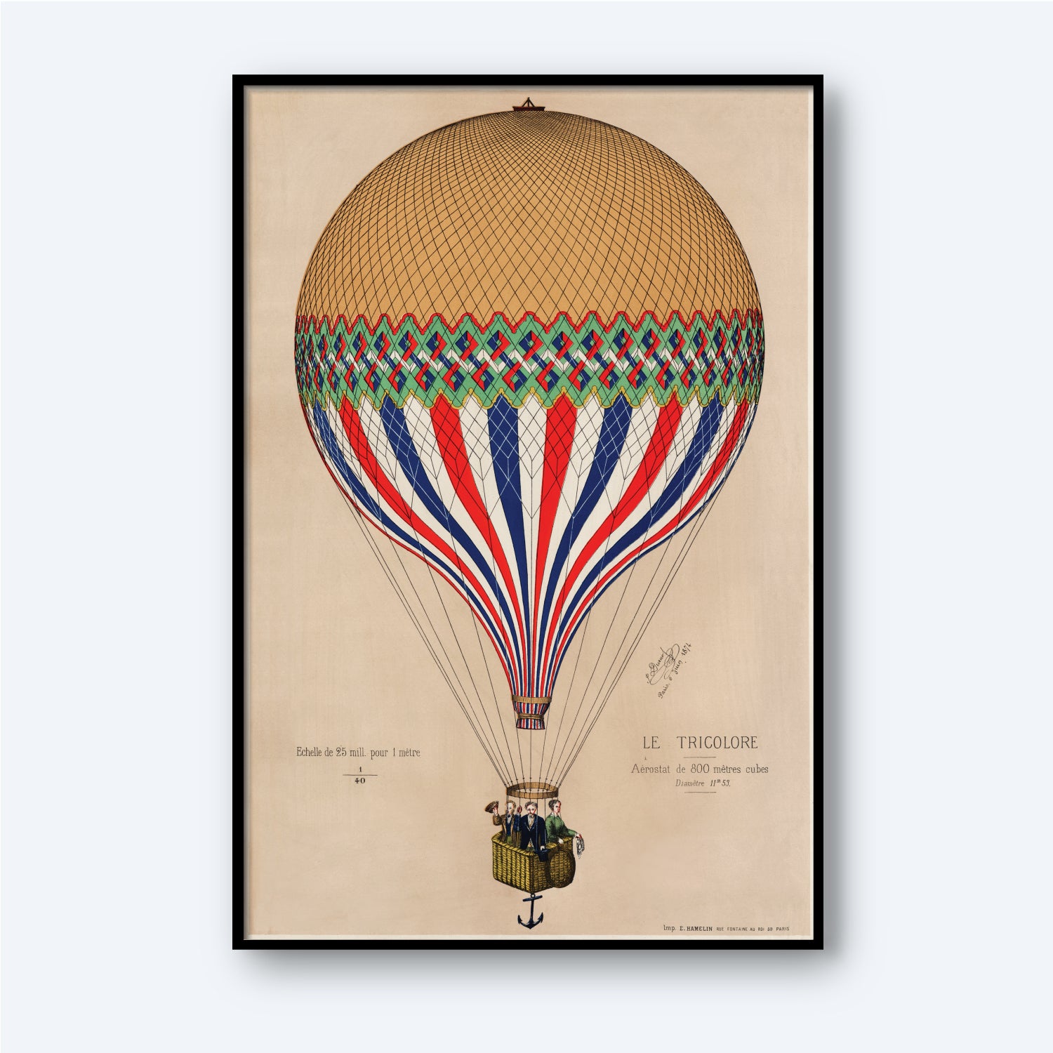The artwork, "Le Tricolore by Henri de E. Hamelin," illustrates a hot air balloon named "Le Tricolore" that embodies French national pride with its red, blue, and white striped design. Against a cream background, two figures occupy the basket. The piece is framed with a black border, capturing the essence of Henri de E. Hamelin's style perfectly.