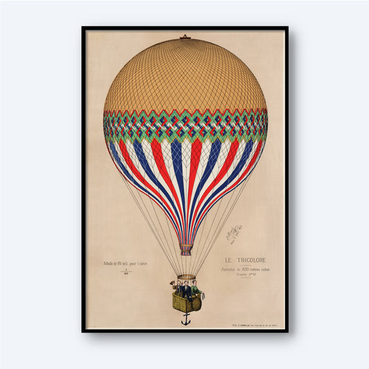 The artwork, "Le Tricolore by Henri de E. Hamelin," illustrates a hot air balloon named "Le Tricolore" that embodies French national pride with its red, blue, and white striped design. Against a cream background, two figures occupy the basket. The piece is framed with a black border, capturing the essence of Henri de E. Hamelin's style perfectly.