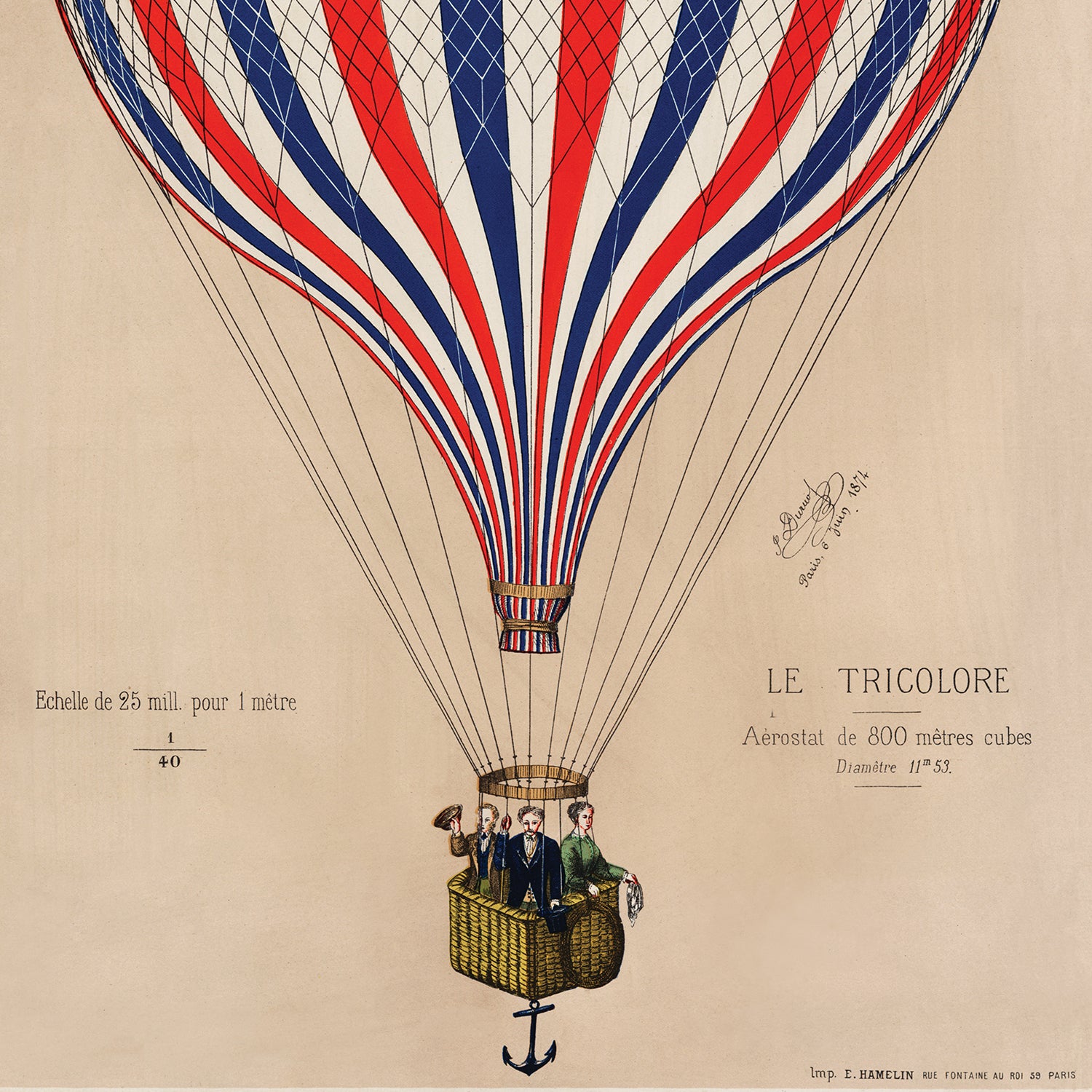 The product "Le Tricolore" by Henri de E. Hamelin features an illustration of a hot air balloon adorned with red, white, and blue stripes that evoke French national pride. The depicted balloon carries a basket containing five men. Surrounding text details the balloon's measurements and dimensions, all crafted by Henri de E. Hamelin, including a scale for reference.