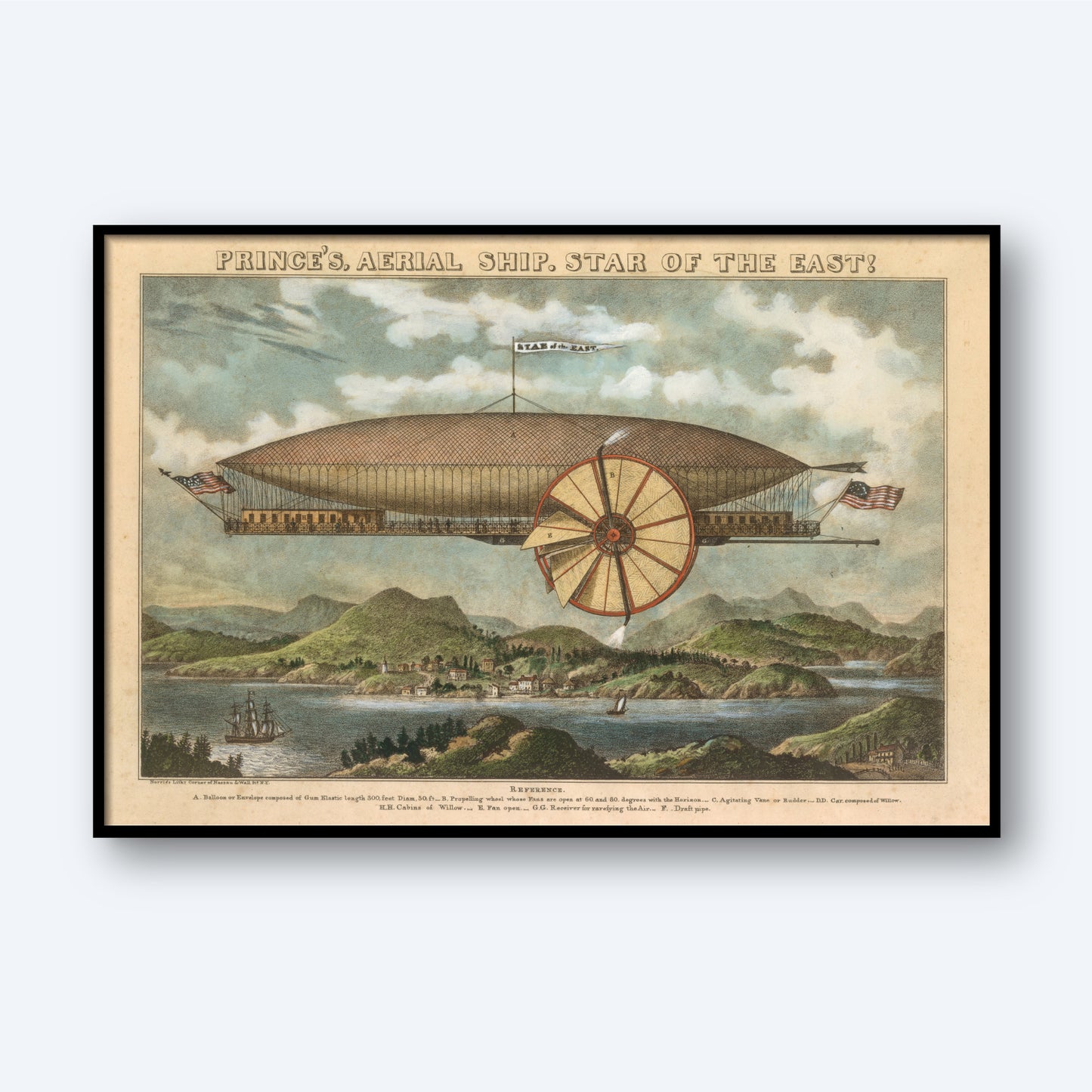 A vintage illustration showcases the "Prince's Aerial Ship. Star of the East! Print," featuring an airship with a large balloon and a prominent propeller, soaring over a picturesque landscape of hills, forests, and a body of water dotted with sailing ships. This whimsical wall art captures the essence of Victorian-era decor beneath a cloudy sky.