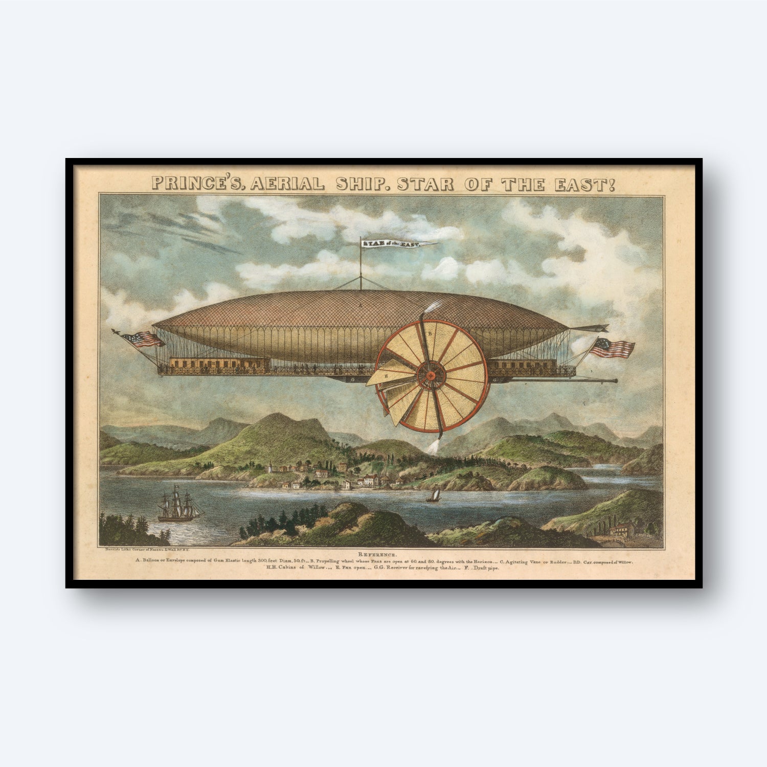 A vintage illustration showcases the "Prince's Aerial Ship. Star of the East! Print," featuring an airship with a large balloon and a prominent propeller, soaring over a picturesque landscape of hills, forests, and a body of water dotted with sailing ships. This whimsical wall art captures the essence of Victorian-era decor beneath a cloudy sky.