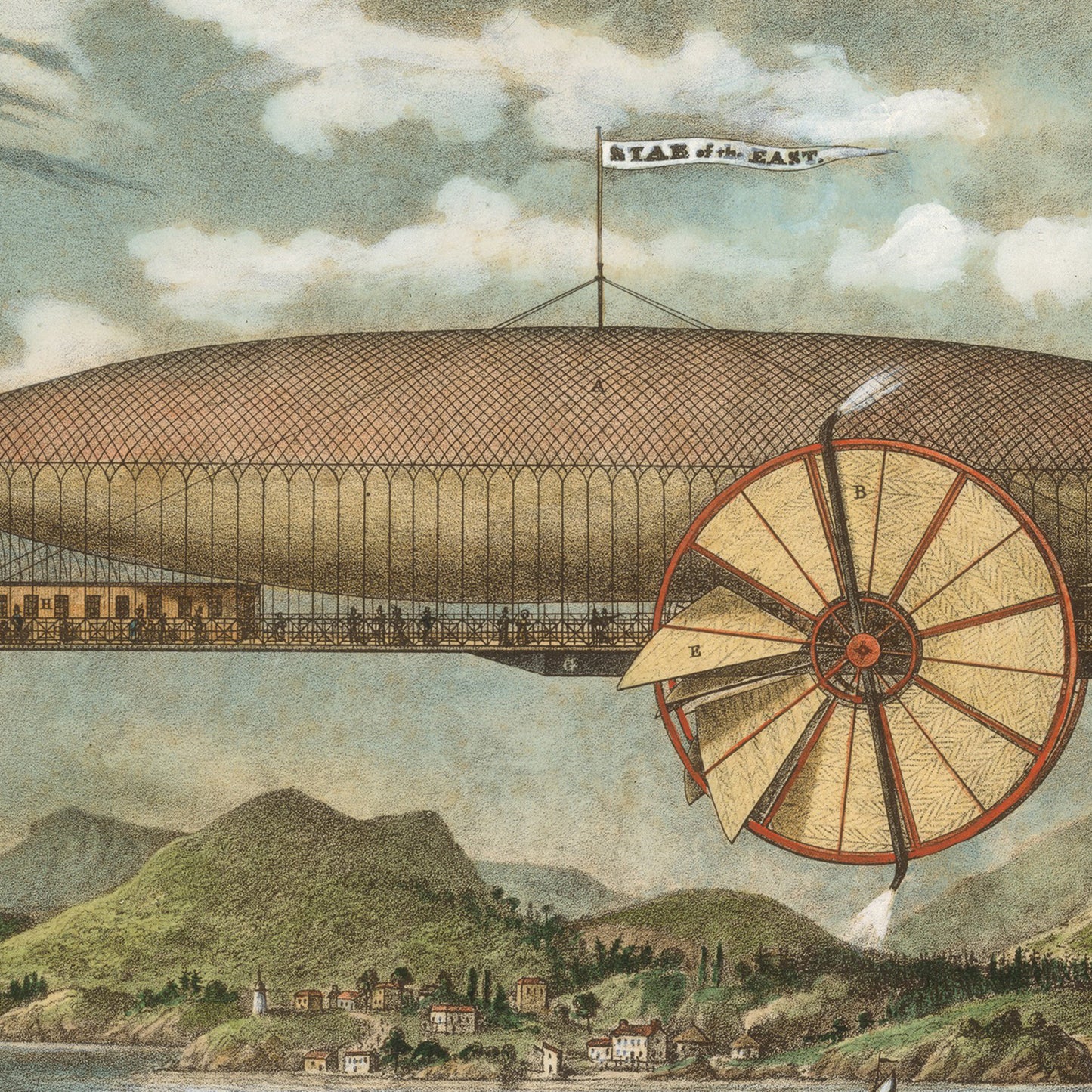 Presenting the "Prince's Aerial Ship. Star of the East!" print, an antique illustration showcasing an airship with a large balloon and propeller, majestically hovering above a landscape dotted with hills and buildings. This whimsical wall art elegantly merges vintage aesthetics with technical artistic styles, making it an ideal addition to Victorian-era decor.