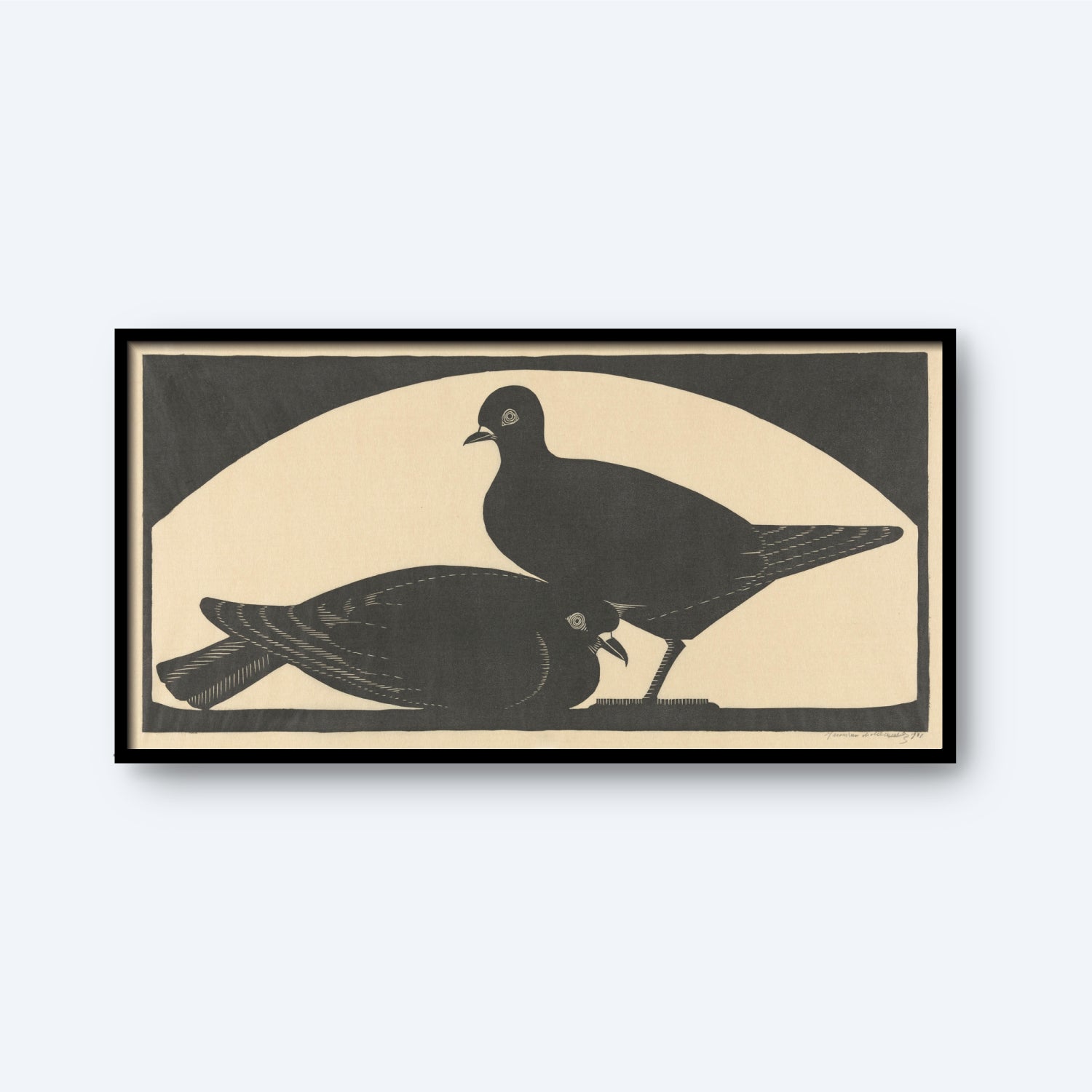 The "Two Pigeons" by Samuel Jessurun de Mesquita is a horizontal artwork that captures two stylized, simplified black birds on a beige background. One pigeon stands upright while the other lies down beneath it, with minimal details that make it ideal as wall art. This vintage print is elegantly framed in black.