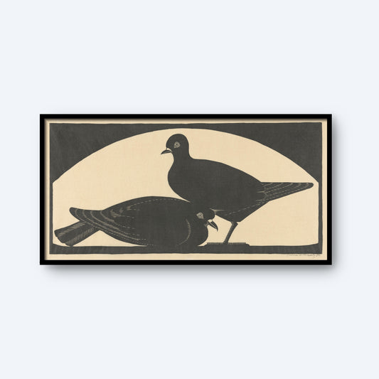 The "Two Pigeons" by Samuel Jessurun de Mesquita is a horizontal artwork that captures two stylized, simplified black birds on a beige background. One pigeon stands upright while the other lies down beneath it, with minimal details that make it ideal as wall art. This vintage print is elegantly framed in black.