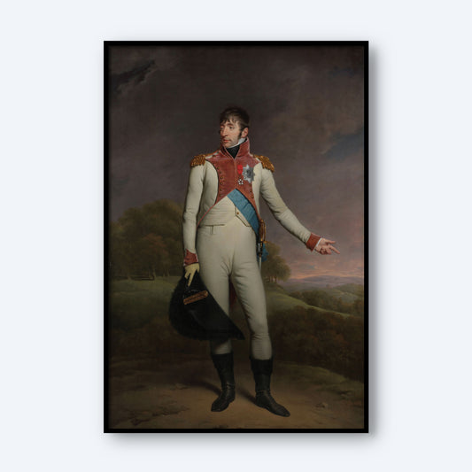 The "Portrait of Louis Napoleon - King of Holland" by Charles Howard Hodges depicts Louis Napoleon in a historical military uniform, complete with a red and blue sash, gold epaulets, and white pants. He is standing outdoors holding a black hat in his left hand while extending his right hand as if gesturing against a serene landscape backdrop.