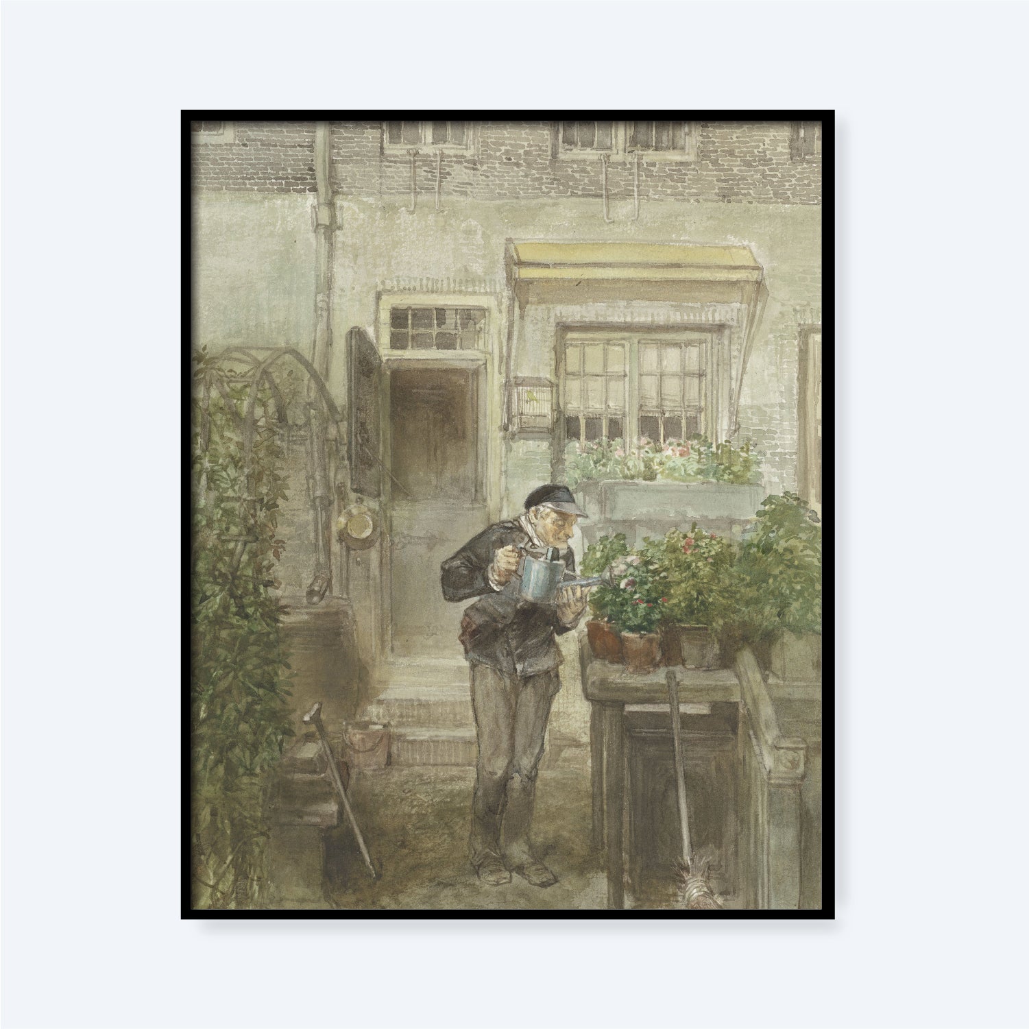 The Flower Lover" by Charles Rochussen is a framed painting that captures a serene moment of an elderly man in a hat and overcoat, watering potted plants in a quaint courtyard. The background showcases a weathered building with windows adorned by flower boxes and gardening tools scattered around, highlighting the natural beauty of the scene.