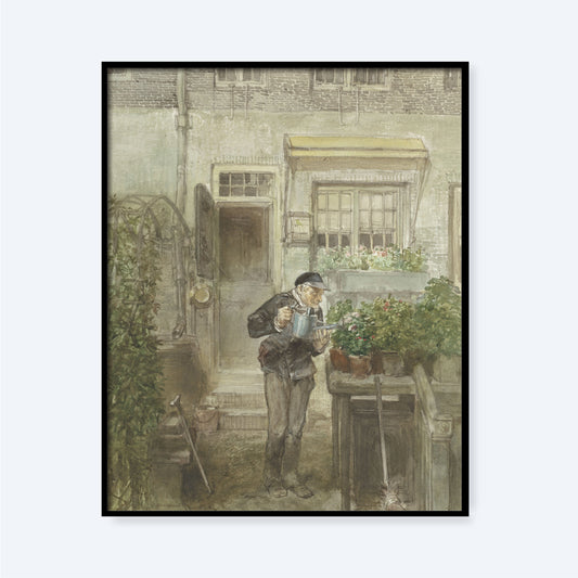 The Flower Lover" by Charles Rochussen is a framed painting that captures a serene moment of an elderly man in a hat and overcoat, watering potted plants in a quaint courtyard. The background showcases a weathered building with windows adorned by flower boxes and gardening tools scattered around, highlighting the natural beauty of the scene.