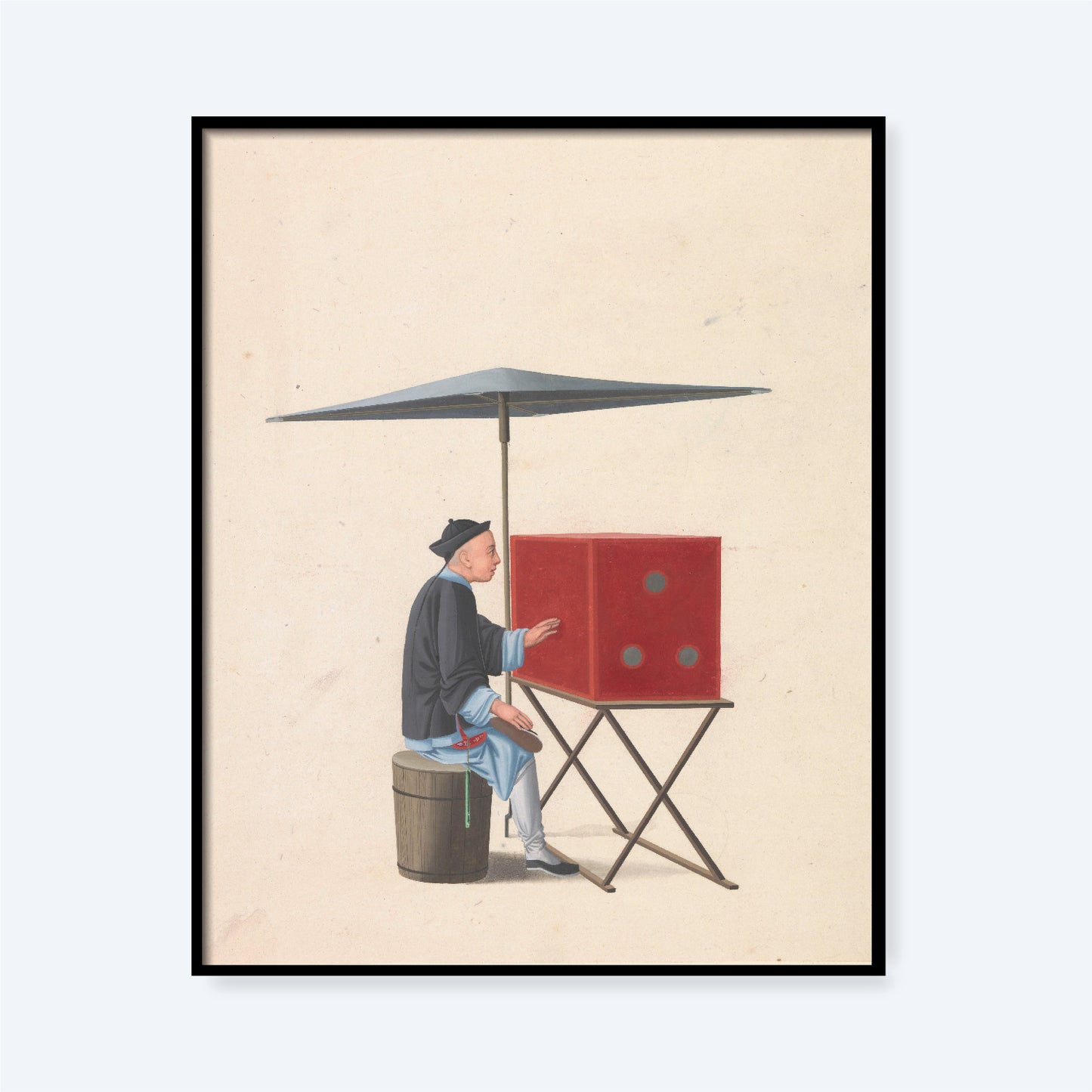 A painting portrays a person sitting on a wooden stool beneath a large square umbrella. Next to them, there's a red box adorned with three blue circles, strongly resembling the Chinese Kijkkast Print, which is set on a foldable wooden table. The person is dressed in traditional attire and uses a stick to engage with the box, adding an intriguing element of cultural crossover charm.