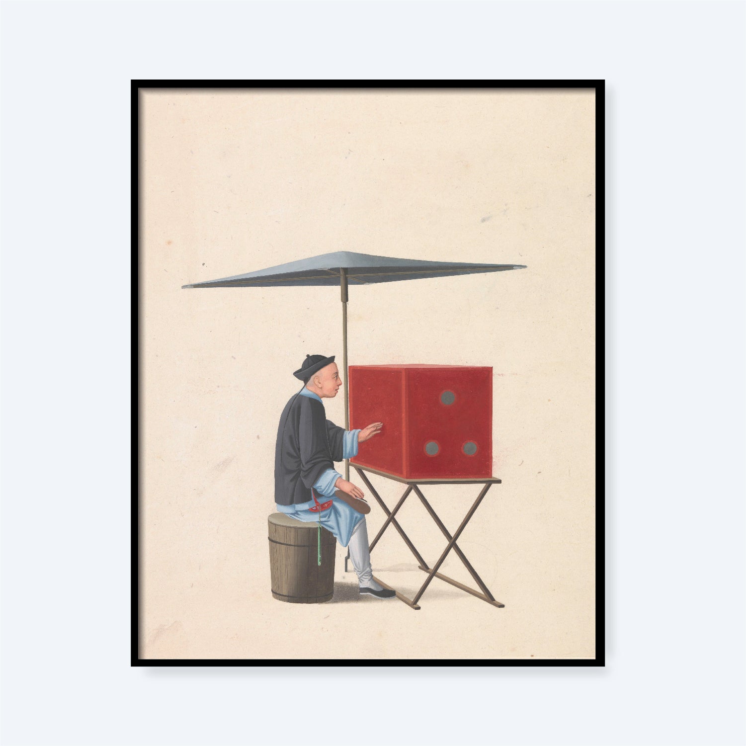 A painting portrays a person sitting on a wooden stool beneath a large square umbrella. Next to them, there's a red box adorned with three blue circles, strongly resembling the Chinese Kijkkast Print, which is set on a foldable wooden table. The person is dressed in traditional attire and uses a stick to engage with the box, adding an intriguing element of cultural crossover charm.