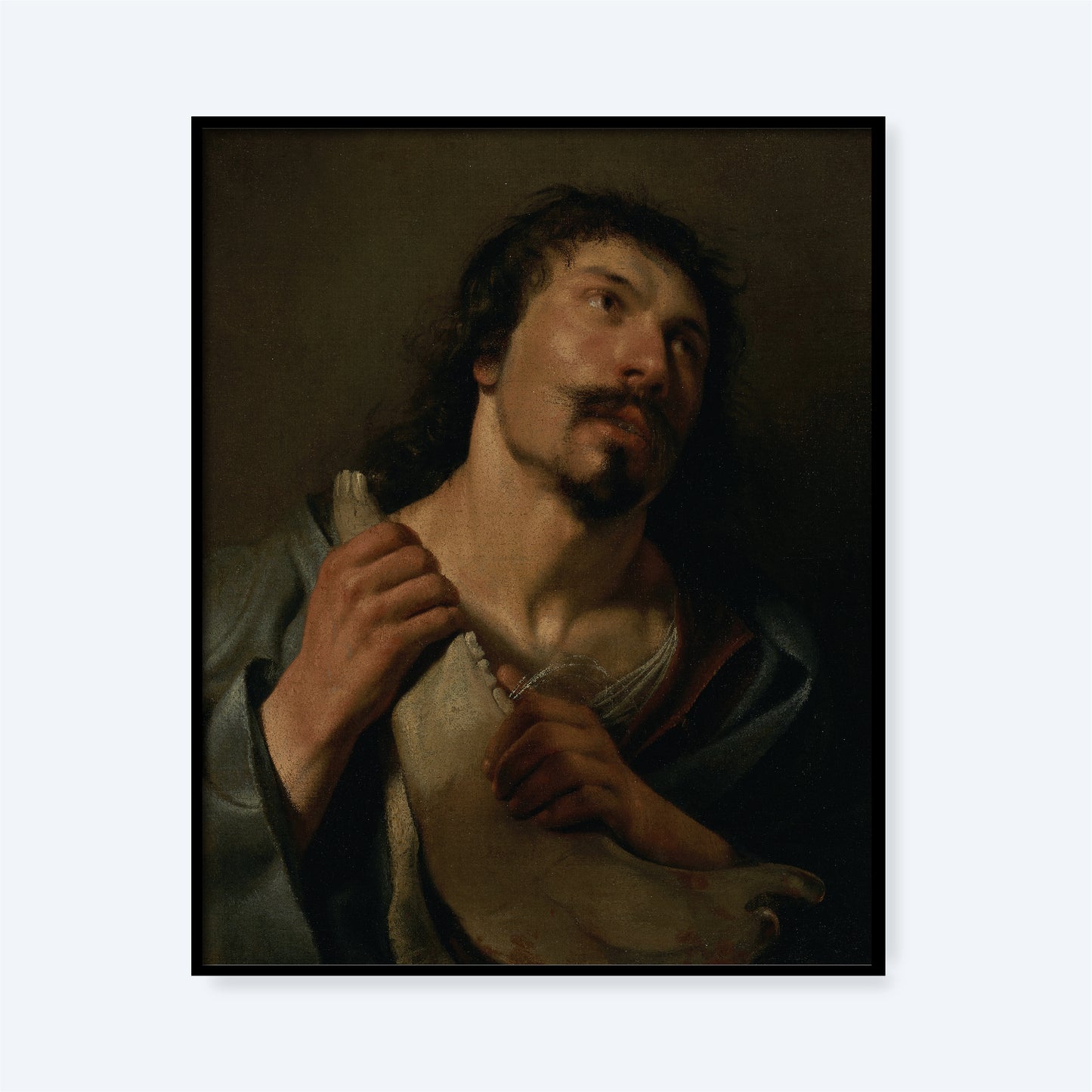 The painting "Samson with the Jawbone" by Salomon de Bray depicts a contemplative man with a beard and mustache, looking upwards. Wearing a cloak over a light-colored garment, he clasps a piece of fabric near his chest. This biblical art captures the reflective mood associated with Samson.