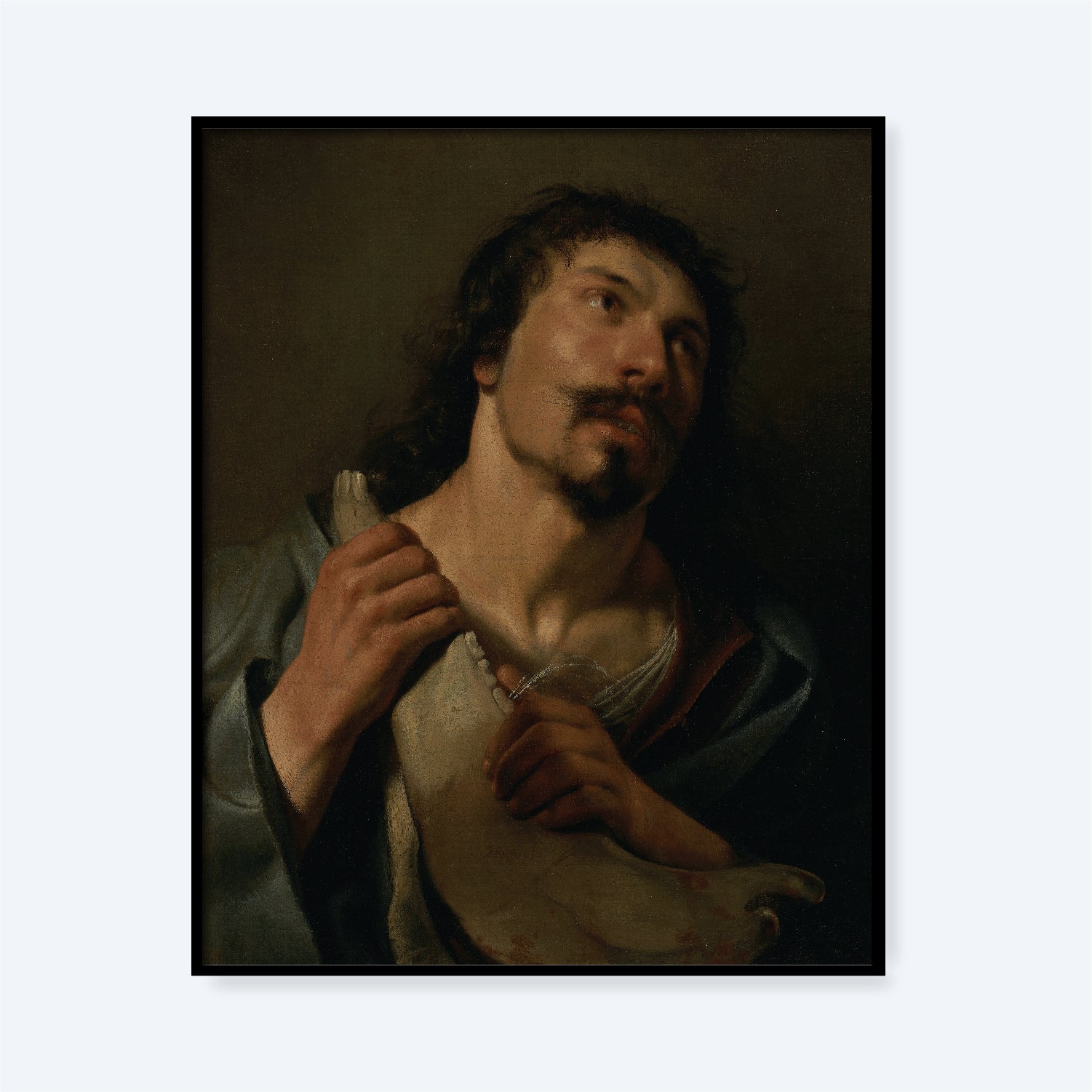 The painting "Samson with the Jawbone" by Salomon de Bray depicts a contemplative man with a beard and mustache, looking upwards. Wearing a cloak over a light-colored garment, he clasps a piece of fabric near his chest. This biblical art captures the reflective mood associated with Samson.