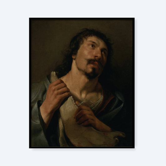 The painting "Samson with the Jawbone" by Salomon de Bray depicts a contemplative man with a beard and mustache, looking upwards. Wearing a cloak over a light-colored garment, he clasps a piece of fabric near his chest. This biblical art captures the reflective mood associated with Samson.