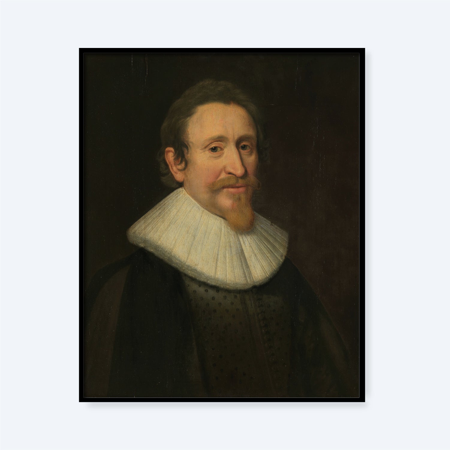 A formal portrait of a middle-aged man with a mustache and small pointed beard, wearing a black outfit and a large, cone-shaped white ruff collar. The background is dark, and the portrait is encased in a simple black frame. The Portrait of Hugo Grotius by Michiel Jansz van Mierevelt captures the dignity befitting a pioneer of international law.