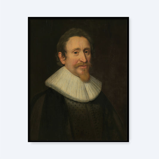 A formal portrait of a middle-aged man with a mustache and small pointed beard, wearing a black outfit and a large, cone-shaped white ruff collar. The background is dark, and the portrait is encased in a simple black frame. The Portrait of Hugo Grotius by Michiel Jansz van Mierevelt captures the dignity befitting a pioneer of international law.