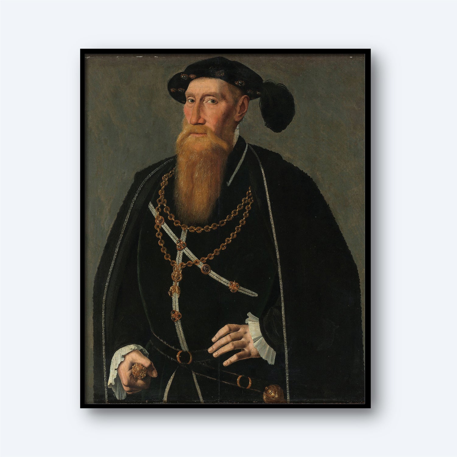 The painting "Portrait of Reinoud III van Brederode - Lord of Vianen" by Jan van Scorel depicts a bearded man dressed in black Renaissance attire, capturing the essence of 16th-century portraiture. He wears a heavy gold chain around his neck, and a black hat adorned with a feather. One hand holds a glove, while the other rests on his waist. His gaze is directed forward with a neutral expression.