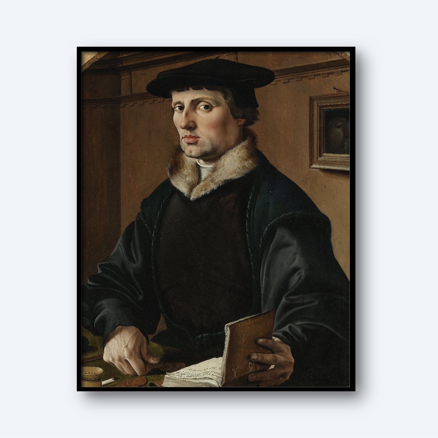 A historical portrait titled "Portrait of Pieter Gerritsz Bicker by Maarten van Heemskerck" features a man dressed in a dark, fur-collared robe and a black hat. He holds a book in one hand while gazing outward. The background showcases a wooden interior with a small framed painting visible on the wall, capturing the essence of the Dutch Golden Age style reminiscent of Maarten van Heemskerck's work.