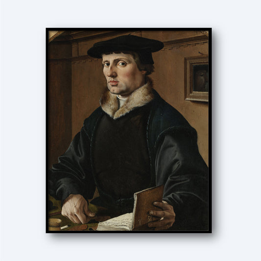 A historical portrait titled "Portrait of Pieter Gerritsz Bicker by Maarten van Heemskerck" features a man dressed in a dark, fur-collared robe and a black hat. He holds a book in one hand while gazing outward. The background showcases a wooden interior with a small framed painting visible on the wall, capturing the essence of the Dutch Golden Age style reminiscent of Maarten van Heemskerck's work.
