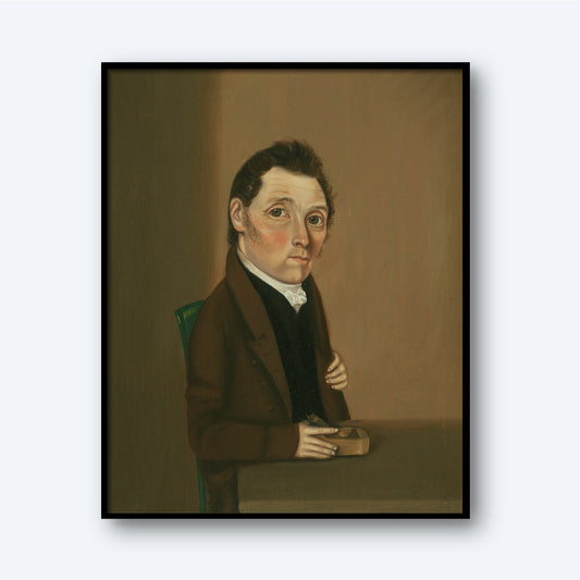 The William Bonham Print, featuring a high-quality Lustre surface paper, captures the historical portrait of 19th-century gentleman William Bonham. Seated at a table in a brown coat and white shirt with short, dark hair, he holds a small object with a serious expression against the plain, muted background.