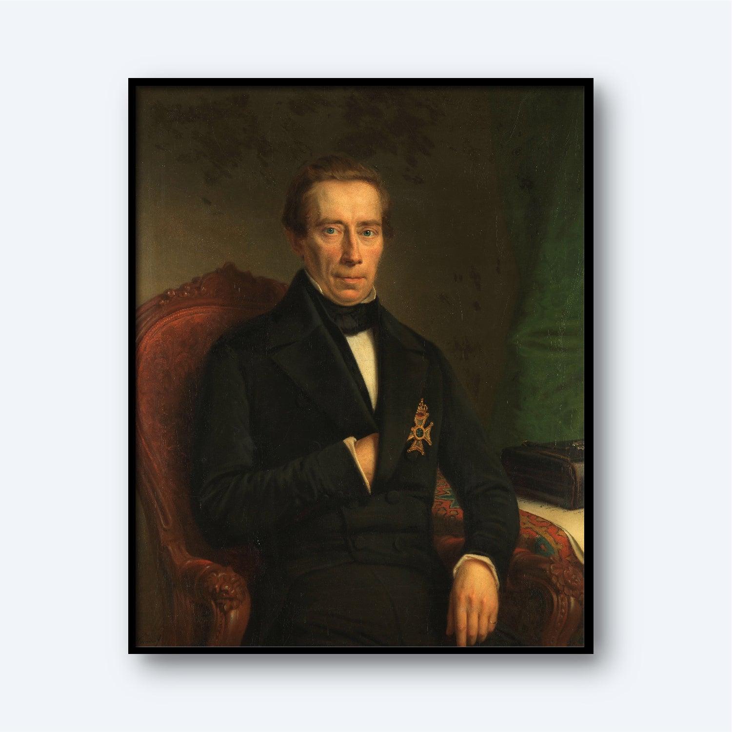 The painting, "Portrait of Johan Rudolf Thorbecke by Johan Heinrich Neuman," depicts a solemn man seated on a red upholstered chair. He is dressed in formal 19th-century attire with a sash and medal, emblematic of Thorbecke's significant role in Dutch political history. The man rests his left hand on the armrest and his right inside his jacket, set against a dark background with indistinct details.