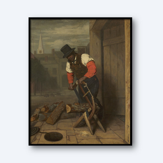 The Wood Sawyer by Charles E. Weir portrays a man wearing a black hat and red shirt, cutting a log with a saw on a sawbuck. The scene captures him immersed in manual labor within an alley flanked by buildings and a church, while under dim, overcast light. Beside him on the ground are some logs and a cat.