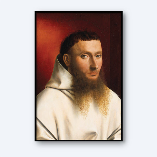 The "Portrait of a Carthusian" by Petrus Christus features a man with short brown hair and a long beard, reminiscent of 15th-century Flemish portraiture, wearing a white robe. The background transitions from dark to light red in a gradient. The man's expression is calm and contemplative. The painting is elegantly framed in a simple black frame.