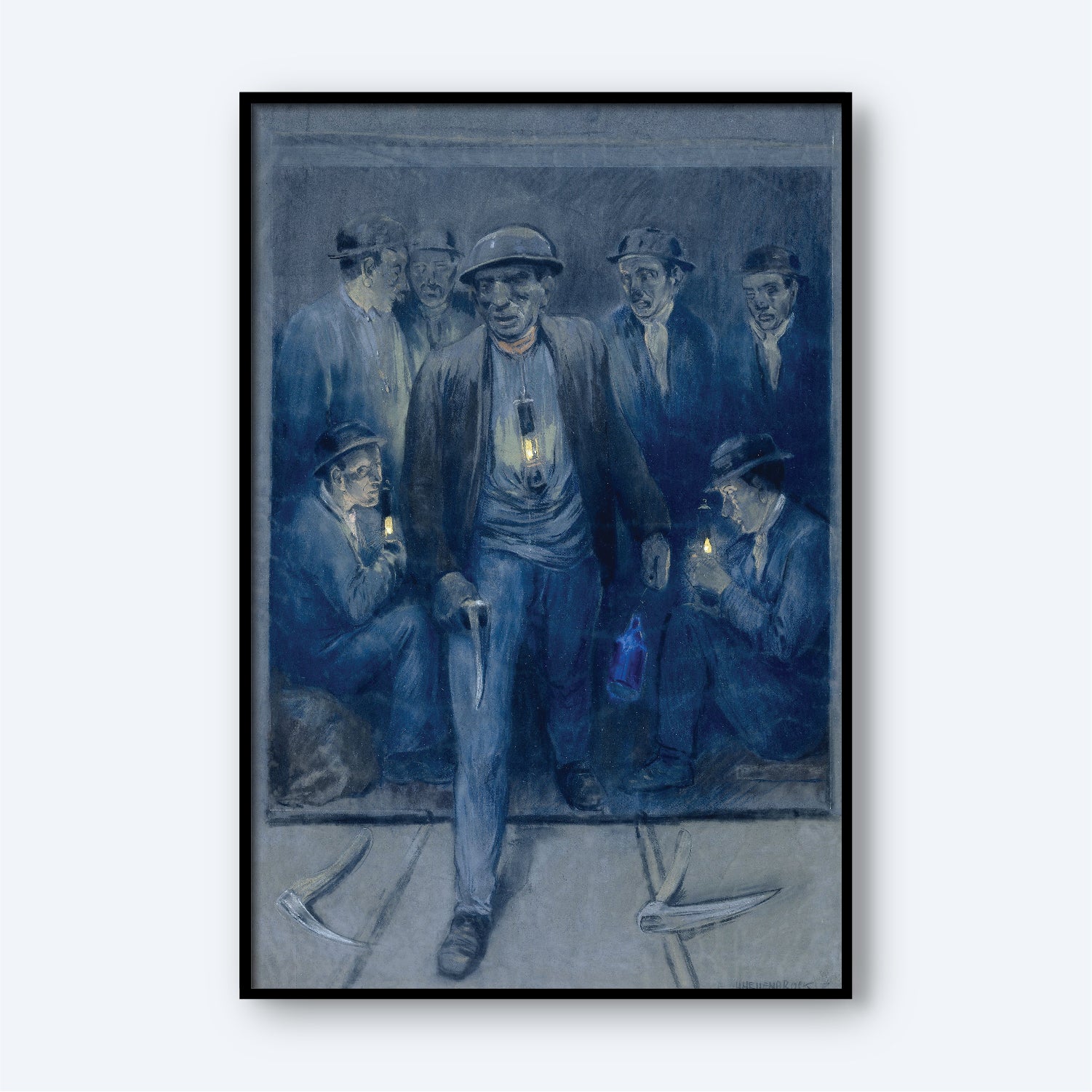 Miners Leaving Shaft Cage" by Herman Heijenbrock is a framed painting that depicts a group of miners in worn clothing and helmets with lanterns. The central miner stands confidently holding a pickaxe and a lantern, embodying the determined spirit of industrial labor, while others sit or stand in the background with equally resolute expressions.