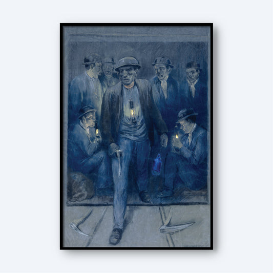 Miners Leaving Shaft Cage" by Herman Heijenbrock is a framed painting that depicts a group of miners in worn clothing and helmets with lanterns. The central miner stands confidently holding a pickaxe and a lantern, embodying the determined spirit of industrial labor, while others sit or stand in the background with equally resolute expressions.