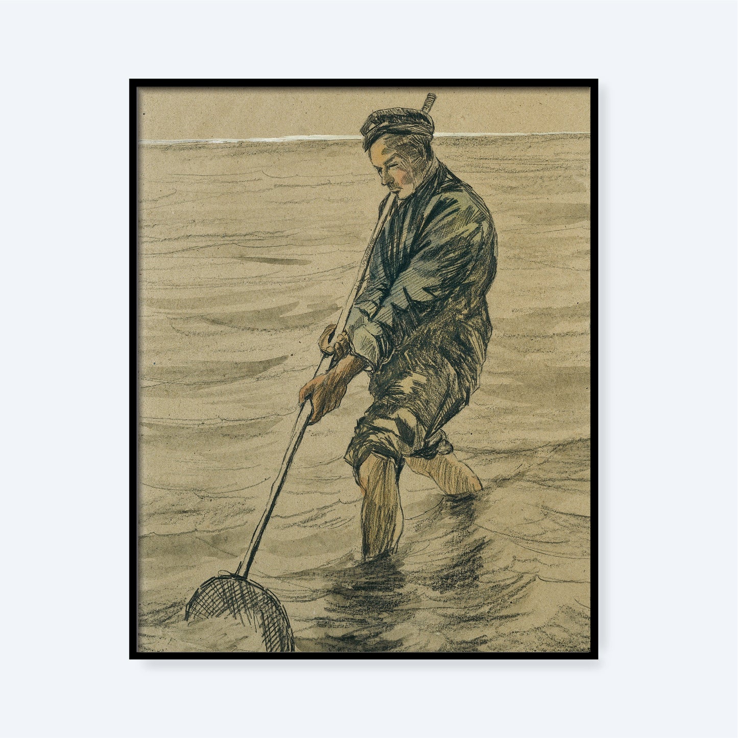 The framed sketch "Shells Gathering By Vincent Van Gogh" shows a person standing in shallow water, using a long-handled net. The individual is wearing knee-length pants and a hat, focusing intently on their task. This monochromatic artwork features fine lines and shading, evoking the style of Van Gogh prints and creating an intricately detailed scene.