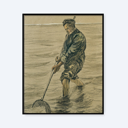 The framed sketch "Shells Gathering By Vincent Van Gogh" shows a person standing in shallow water, using a long-handled net. The individual is wearing knee-length pants and a hat, focusing intently on their task. This monochromatic artwork features fine lines and shading, evoking the style of Van Gogh prints and creating an intricately detailed scene.