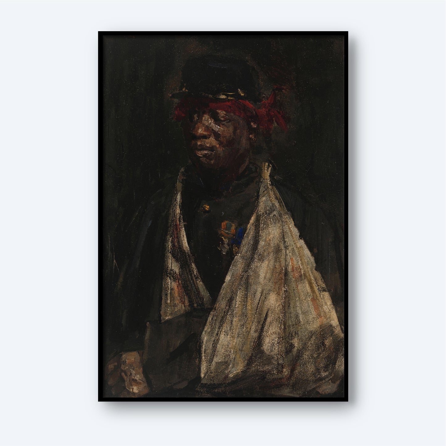 A framed painting titled "Portrait of a Wounded KNIL Soldier" by Isaac Israels depicts a person wearing dark clothing with a red headscarf, possibly a bandana, and a dark hat. The serious expression on their face suggests emotional pain as their figure partly obscures into the dark background.
