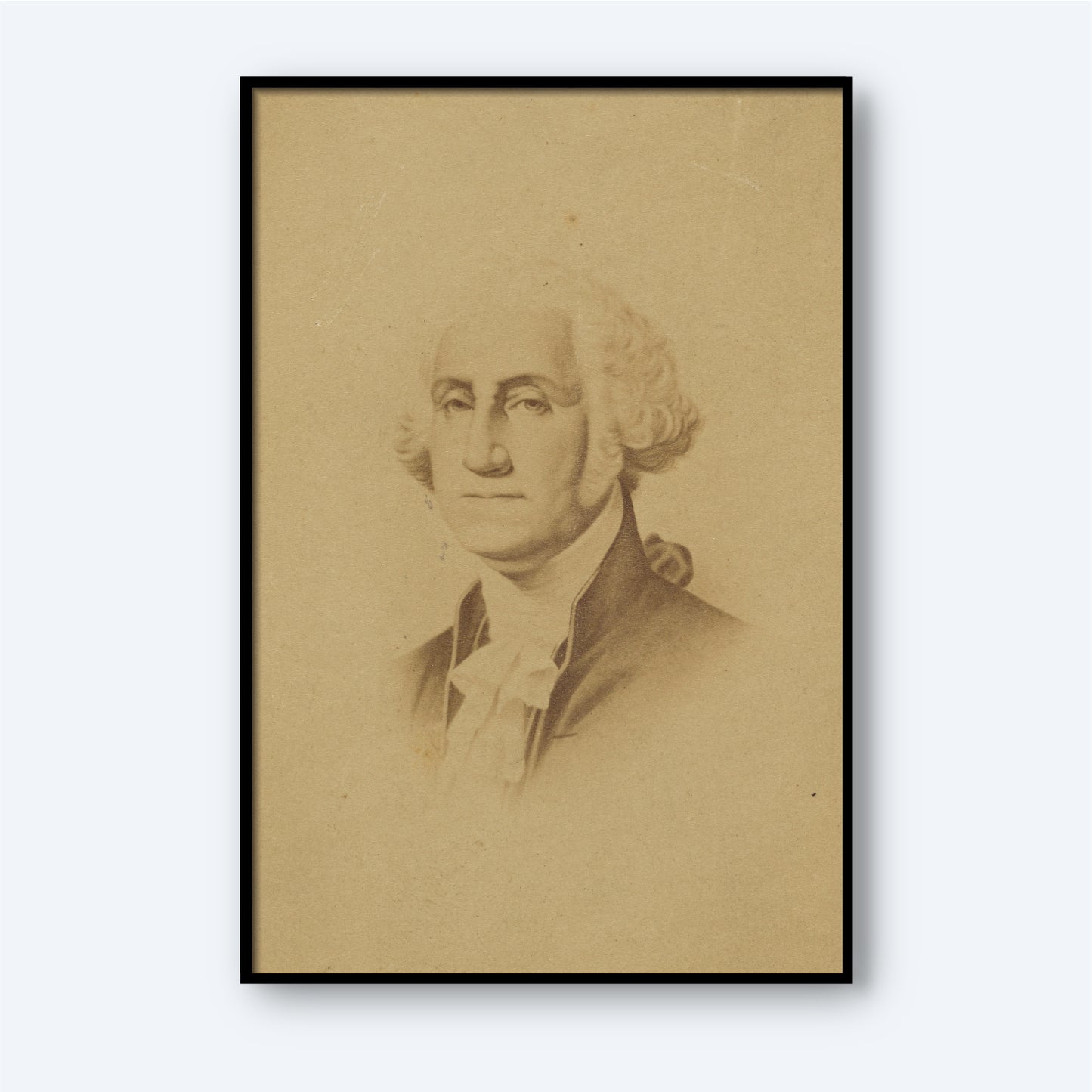 The George Washington Print features a sepia-toned portrait of America's first president with a neutral expression, dressed in traditional 18th-century attire including a high-collared jacket and cravat. This piece of historical art is printed on premium Lustre surface paper and framed with a thin black border against a white background.