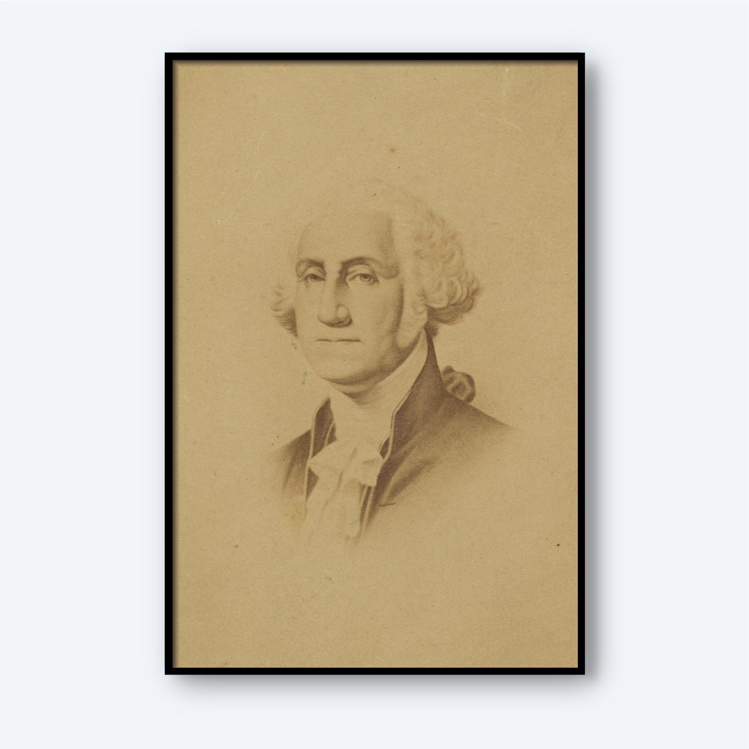 The George Washington Print features a sepia-toned portrait of America's first president with a neutral expression, dressed in traditional 18th-century attire including a high-collared jacket and cravat. This piece of historical art is printed on premium Lustre surface paper and framed with a thin black border against a white background.