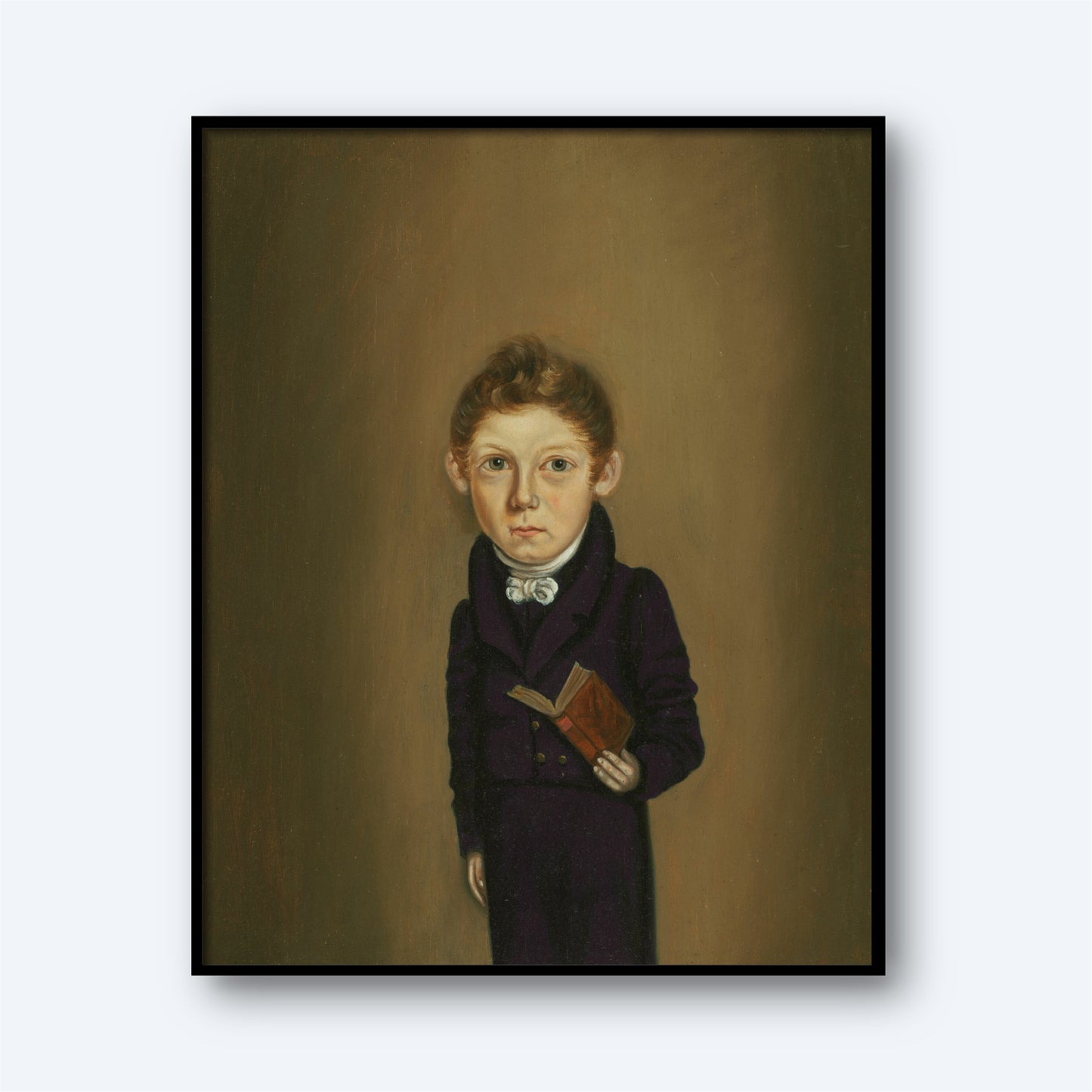 The product, "J. Ellis Bonham by William Bonnell," showcases a classical portrait of a young boy with fair skin and light brown hair, dressed in formal dark clothing with a white collar. He is depicted standing against a plain brown background, holding a small book in his right hand. The essence of 19th-century American portraiture is beautifully captured within this simple black-framed artwork.
