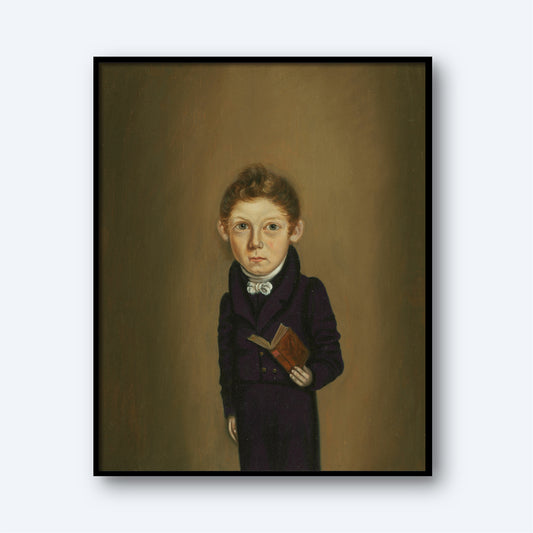 The product, "J. Ellis Bonham by William Bonnell," showcases a classical portrait of a young boy with fair skin and light brown hair, dressed in formal dark clothing with a white collar. He is depicted standing against a plain brown background, holding a small book in his right hand. The essence of 19th-century American portraiture is beautifully captured within this simple black-framed artwork.
