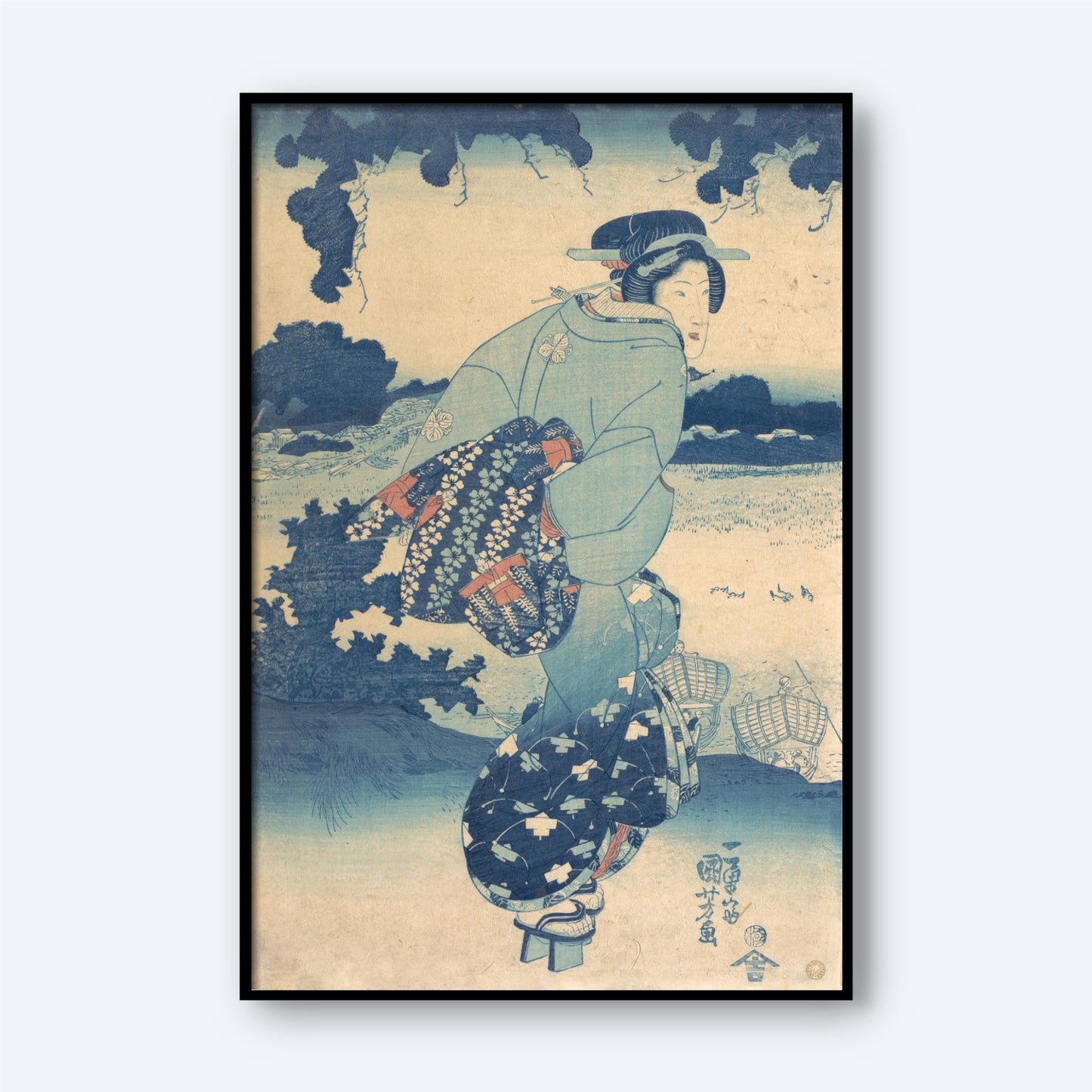 A Portrait of a Beauty by Utagawa Kuniyoshi showcases an Edo period beauty dressed in traditional Japanese attire, rendered in blue and white hues. She is depicted standing amidst a serene outdoor setting with trees and clouds in the background. This framed artwork features intricate details on her clothing and accessories, exemplifying Japanese ukiyo-e art.