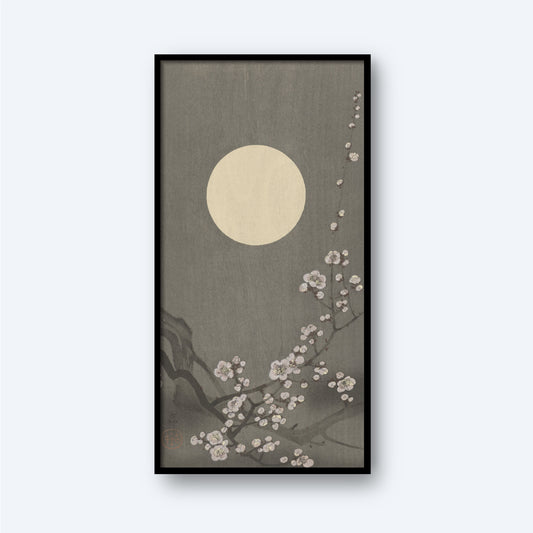 The framed artwork titled "Blooming plum blossom at full moon by Ohara Koson" showcases a large, glowing moon in the background against an olive-gray sky. In the foreground, delicate plum blossom branches with white flowers extend from the lower right, creating a serene and tranquil scene reminiscent of traditional Japanese art by Ohara Koson.