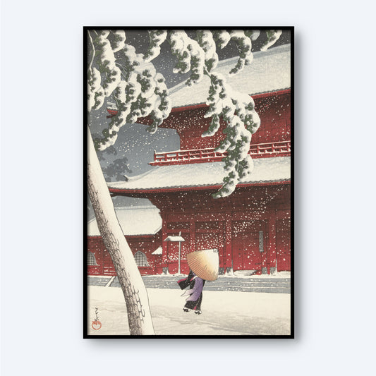 A person dressed in traditional Japanese attire and a woven hat strolls through the falling snow next to Shiba Zojo Temple, its red structures graced with snow-coated rooftops and branches. This tranquil winter scene perfectly captures the essence of Tokyo's cultural heritage in the exquisite wall art titled "Twenty Views of Tokyo by Shiba Zojo Temple.