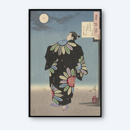 A framed Japanese woodblock print titled "Fukami Jikyu In Moonlight" by Tsukioka Yoshitoshi depicts a person in traditional attire with large, colorful flower patterns. The ukiyo-e print shows them under a night sky with a full moon and floating cherry blossoms. Text is visible on a sign and in the lower right corner of the wall art.
